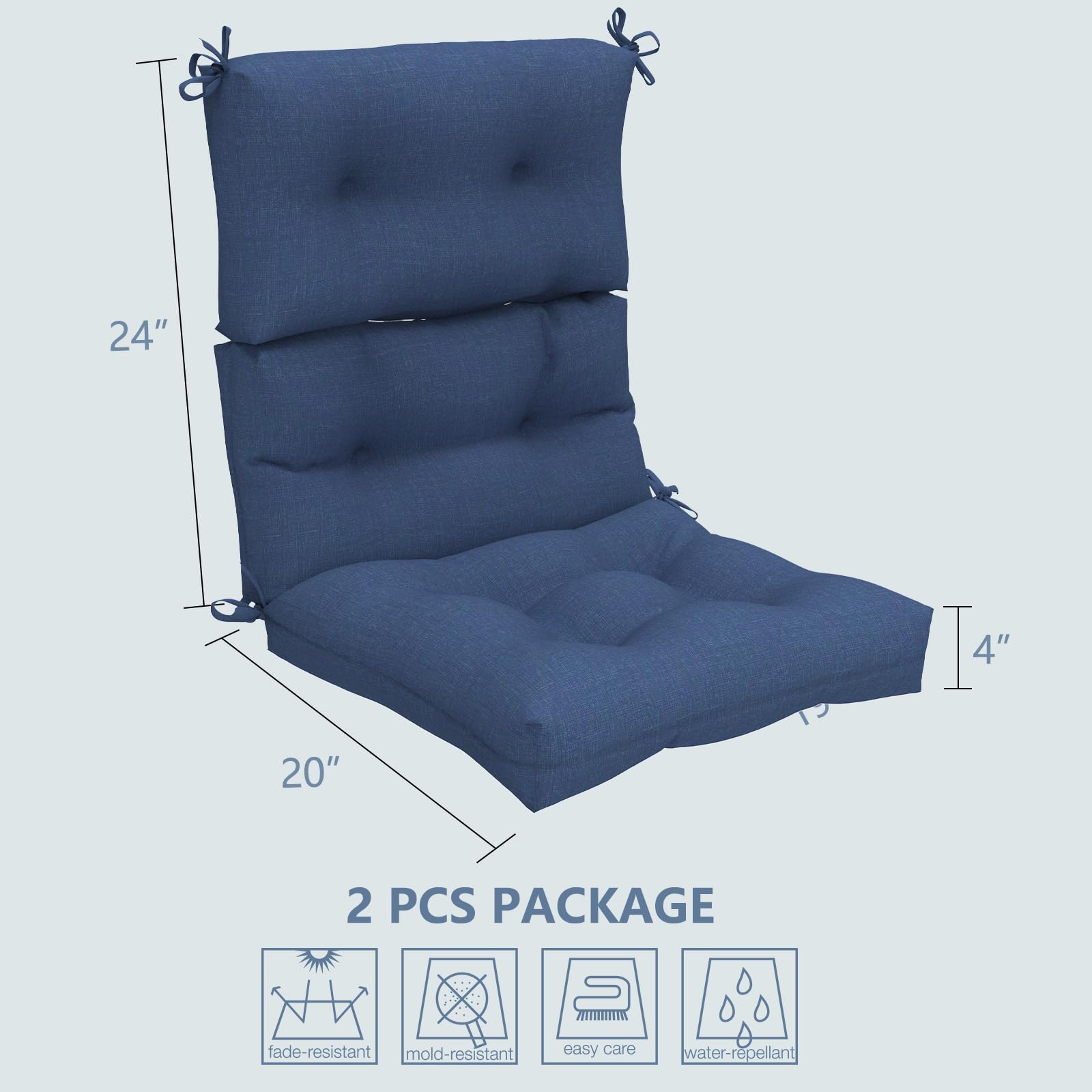 LVTXIII Patio Tufted High Back Seat Cushion Set of 2 - Outdoor Rocking Chair Cushions Replacement for Adirondack Chairs - Navy Textured 44
