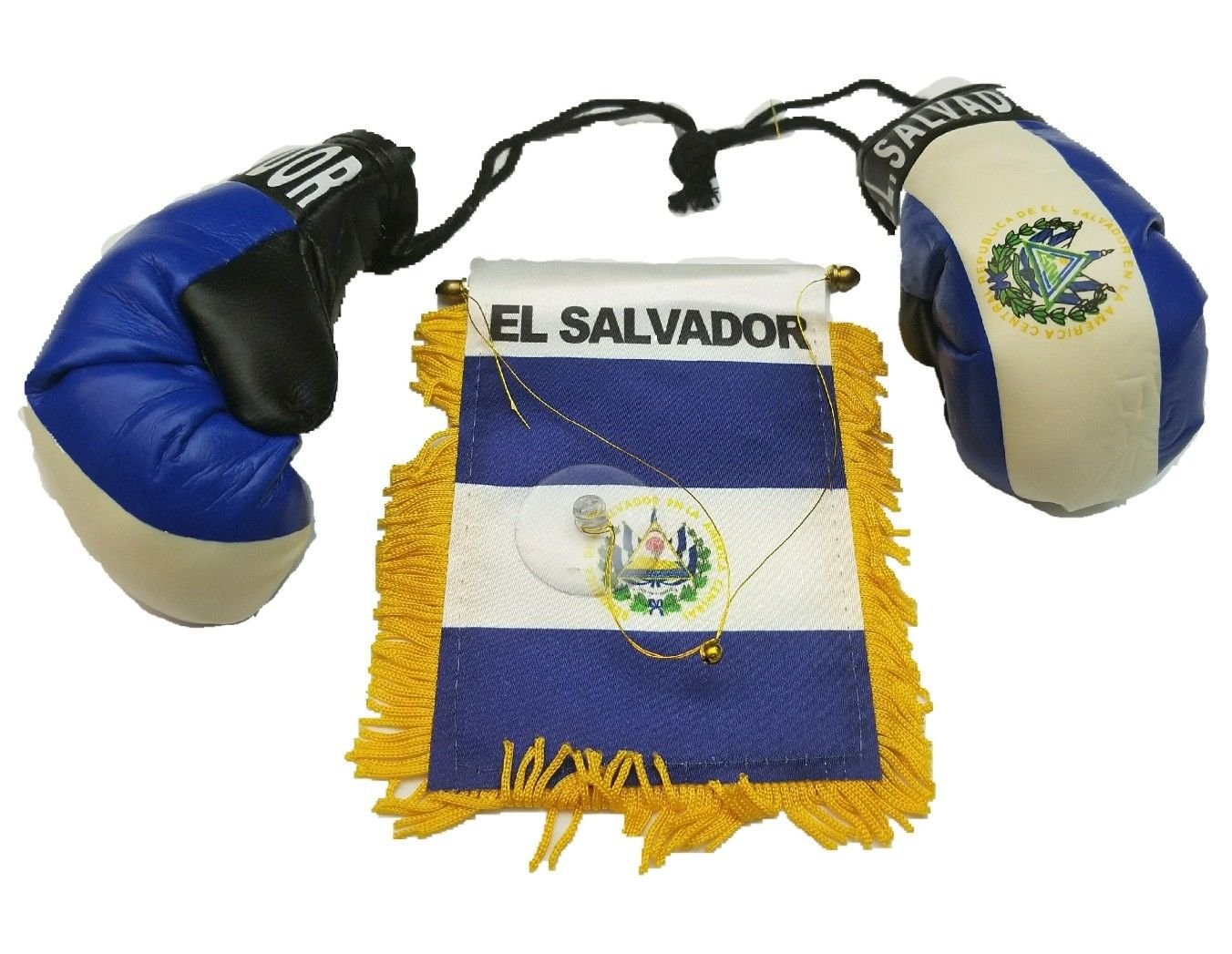 BUNFIREs 2-Pack El Salvador Mini Banner Flags with El Salvadorian Car Mirror Boxing Glove Pair - Perfect for World Cup, Soccer Games & National Pride Car Decor