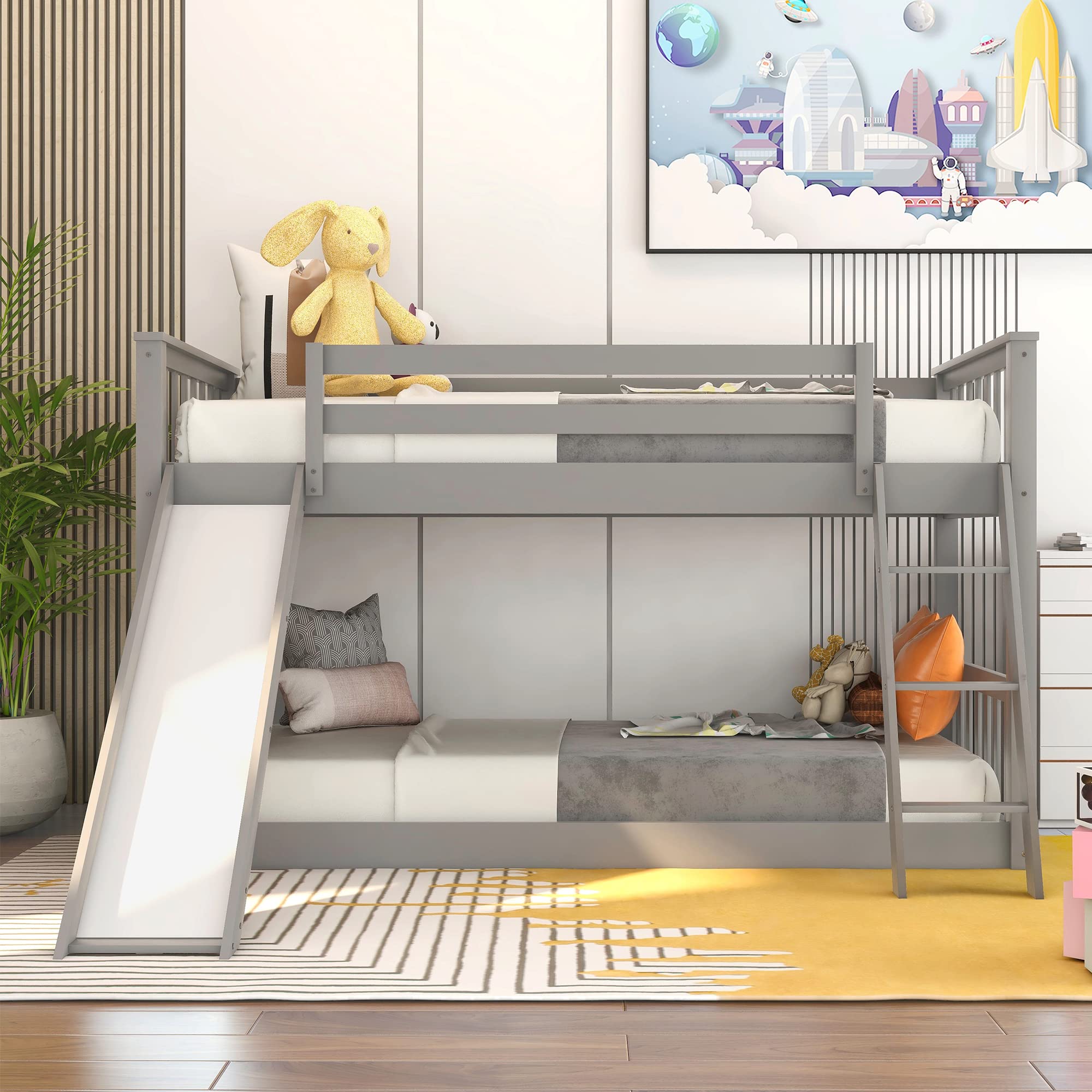 Harper & Bright Designs Twin Over Twin Bunk Bed with Slide & Angled Ladder - Sturdy Wooden Kids Bunk Beds for Boys and Girls, Space-Saving Floor Bunk Bed in Grey - Perfect for Small Bedrooms, Shared Kids Rooms & Sleepovers