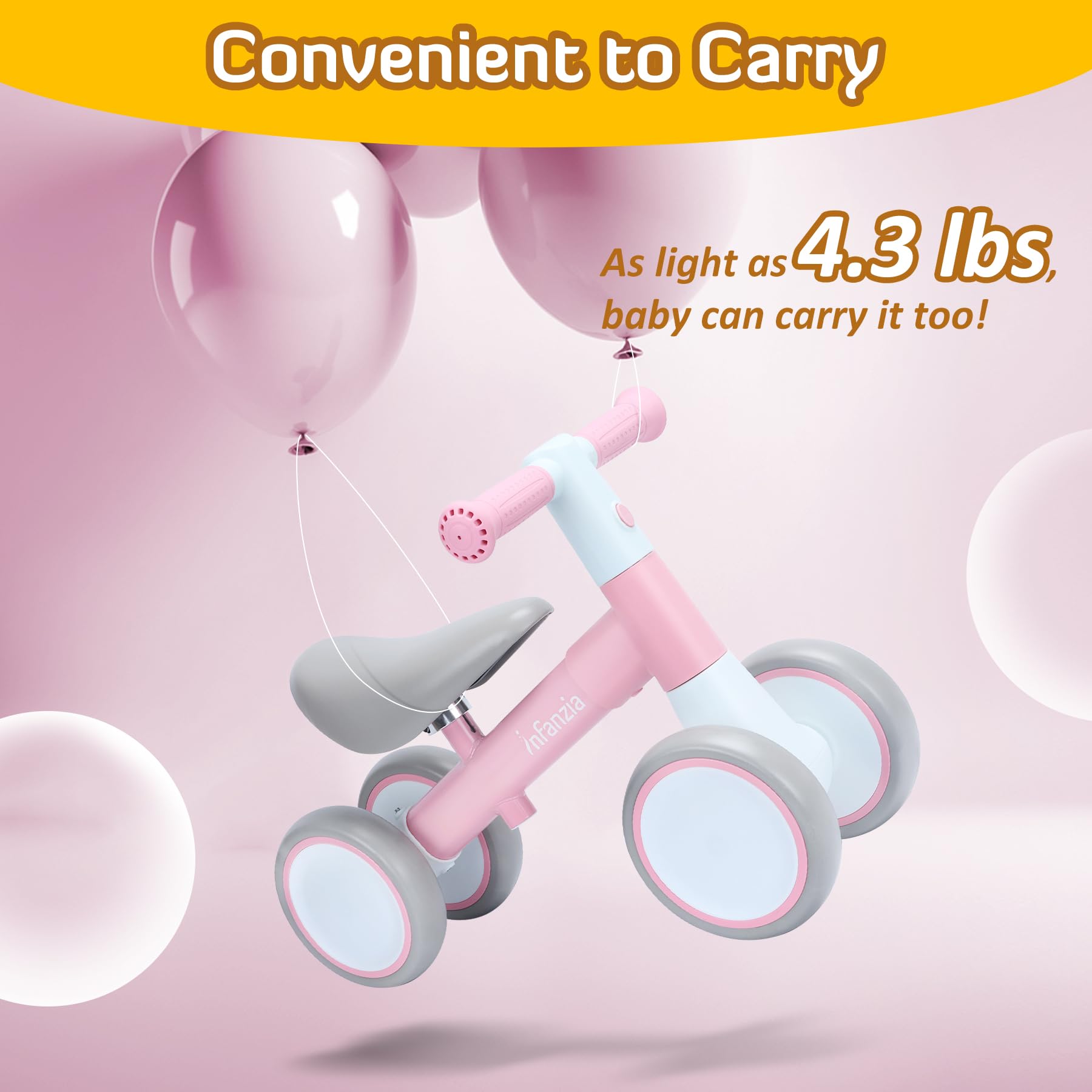 INFANZIA Adjustable Baby Balance Bike for 12-36 Months - No Pedal 4-Wheel Toddler Bike for Boys & Girls | Perfect First Birthday Gift & Learning Toy for 1 Year Olds | Indoor & Outdoor Riding Fun