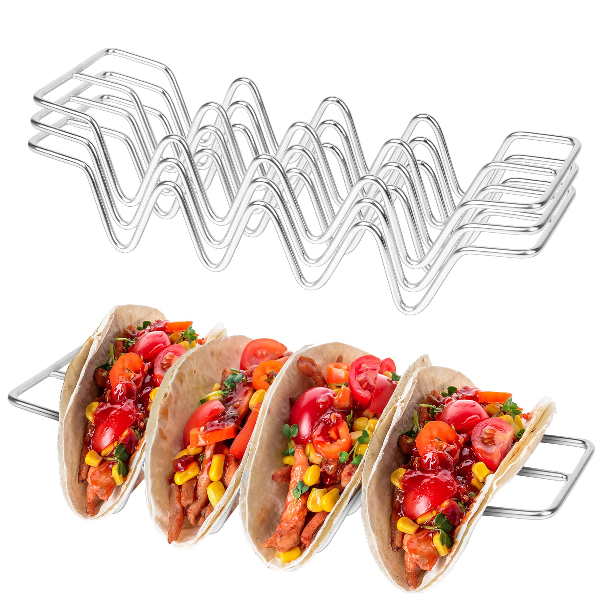 JIBOLAT Stainless Steel Taco Holders Set of 3 - Taco Shell Stand with 4 Slots Each, Oven & Dishwasher Safe for Baking & Grilling - Perfect for Taco Bars, Parties & Mexican-Themed Dinners