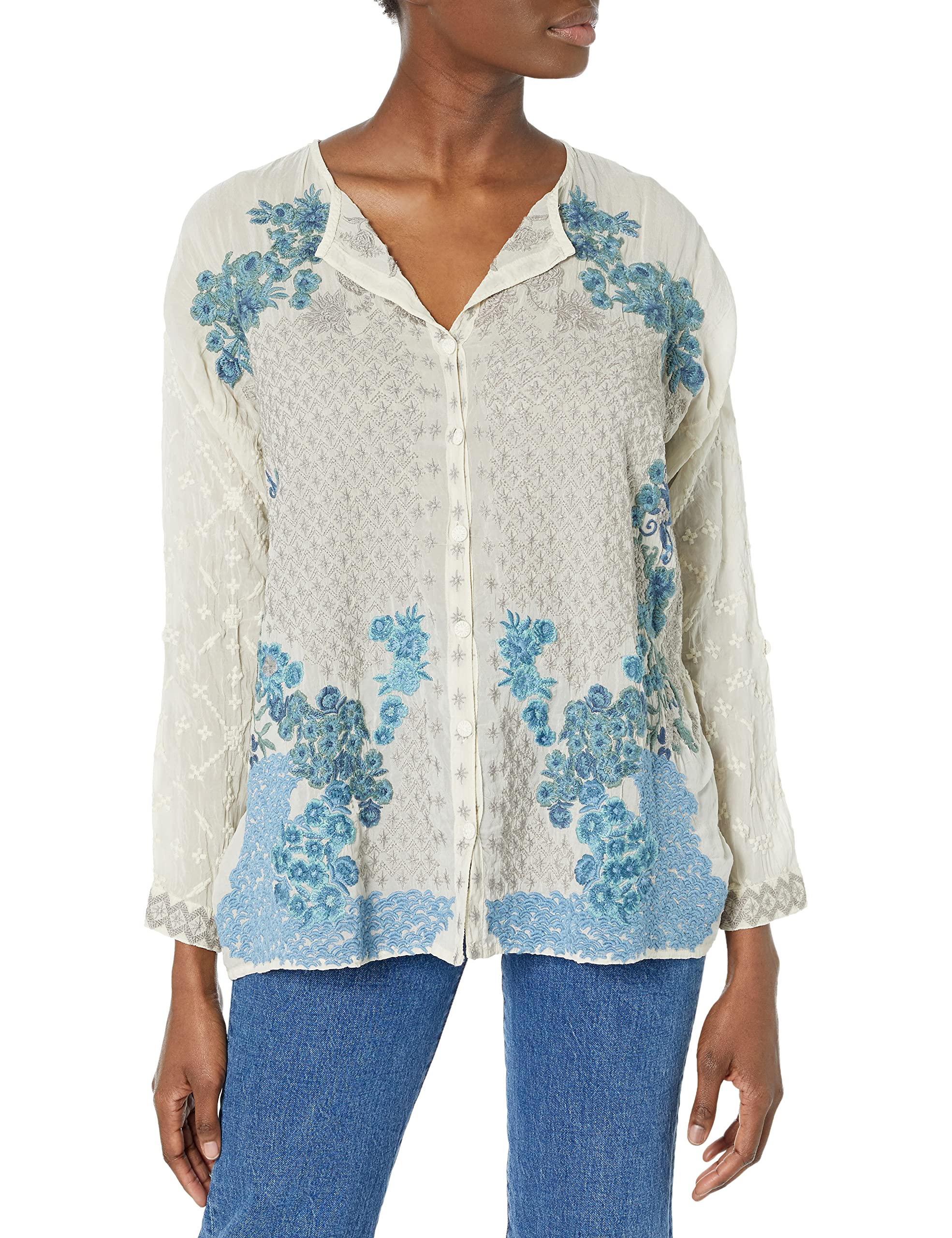 Johnny Was Women's Bohemian Long Sleeve Blouse - Floral Print Flowy Top for Casual Wear & Special Occasions
