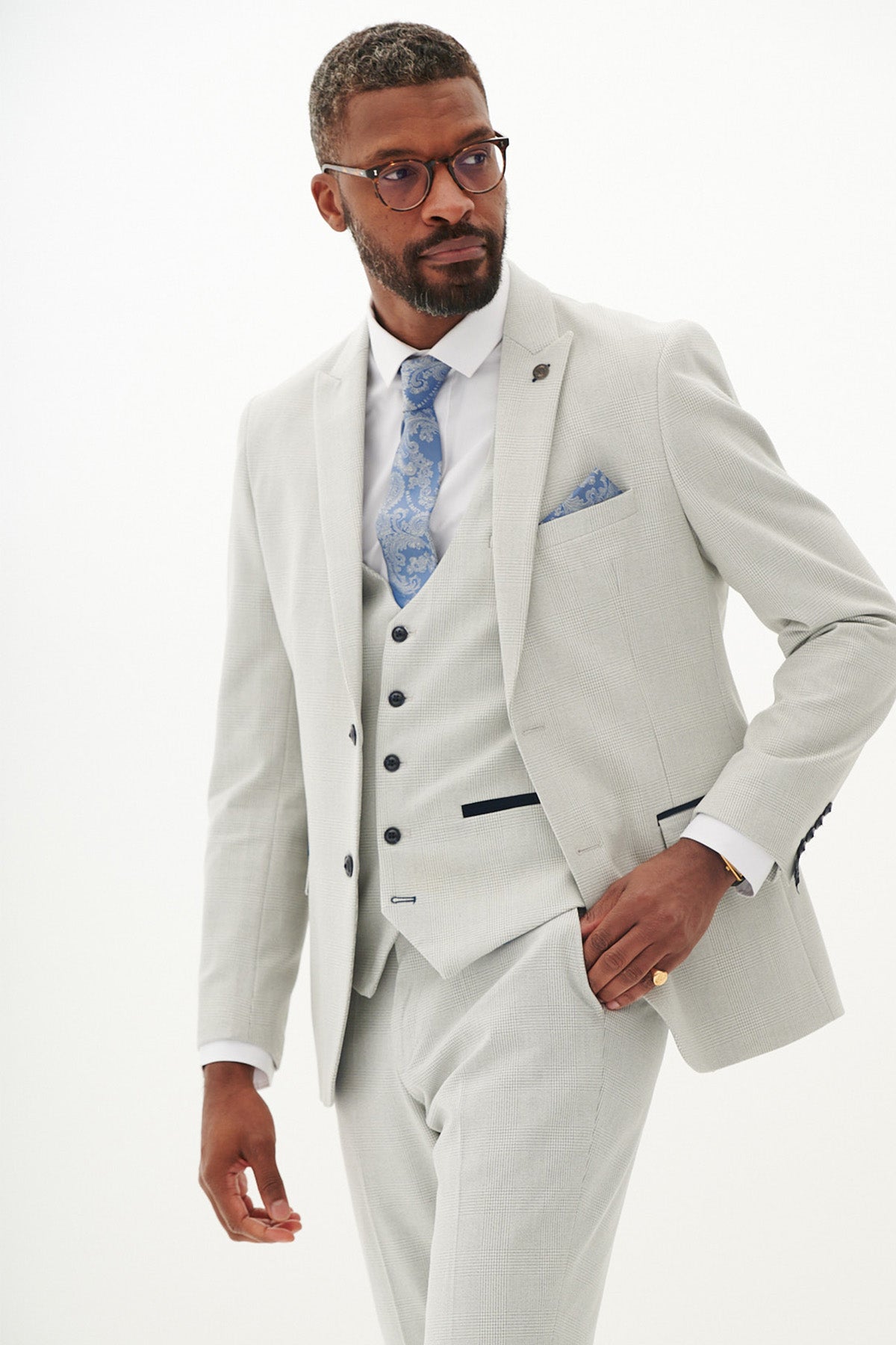 BROMLEY Men's Stone Check Three Piece Suit - Formal Business Attire for Weddings, Office & Special Occasions