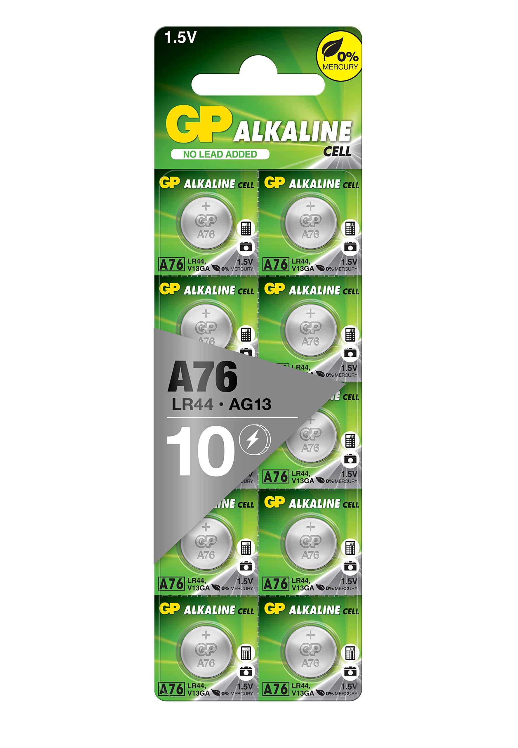 GP A76-2C10 Alkaline Button Batteries - 1.5V Long Lasting Power for Watches, Calculators, Toys & Medical Devices - 10 Pack LR44 Equivalent Batteries