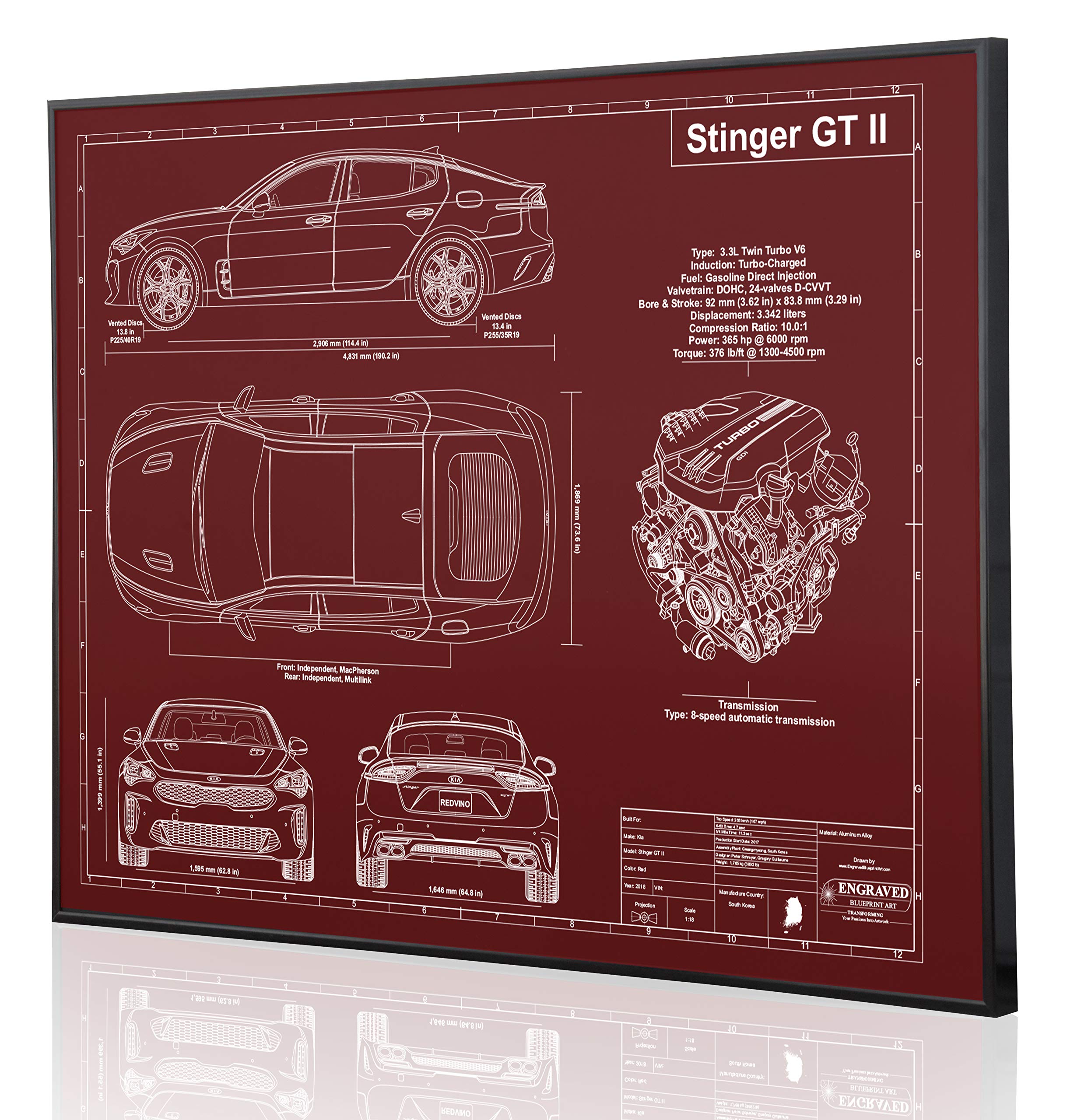 Stinger GT II Blueprint Artwork - Laser Engraved & Customizable - Perfect Automotive Gift for Car Enthusiasts, Office Decor, Man Cave Wall Art