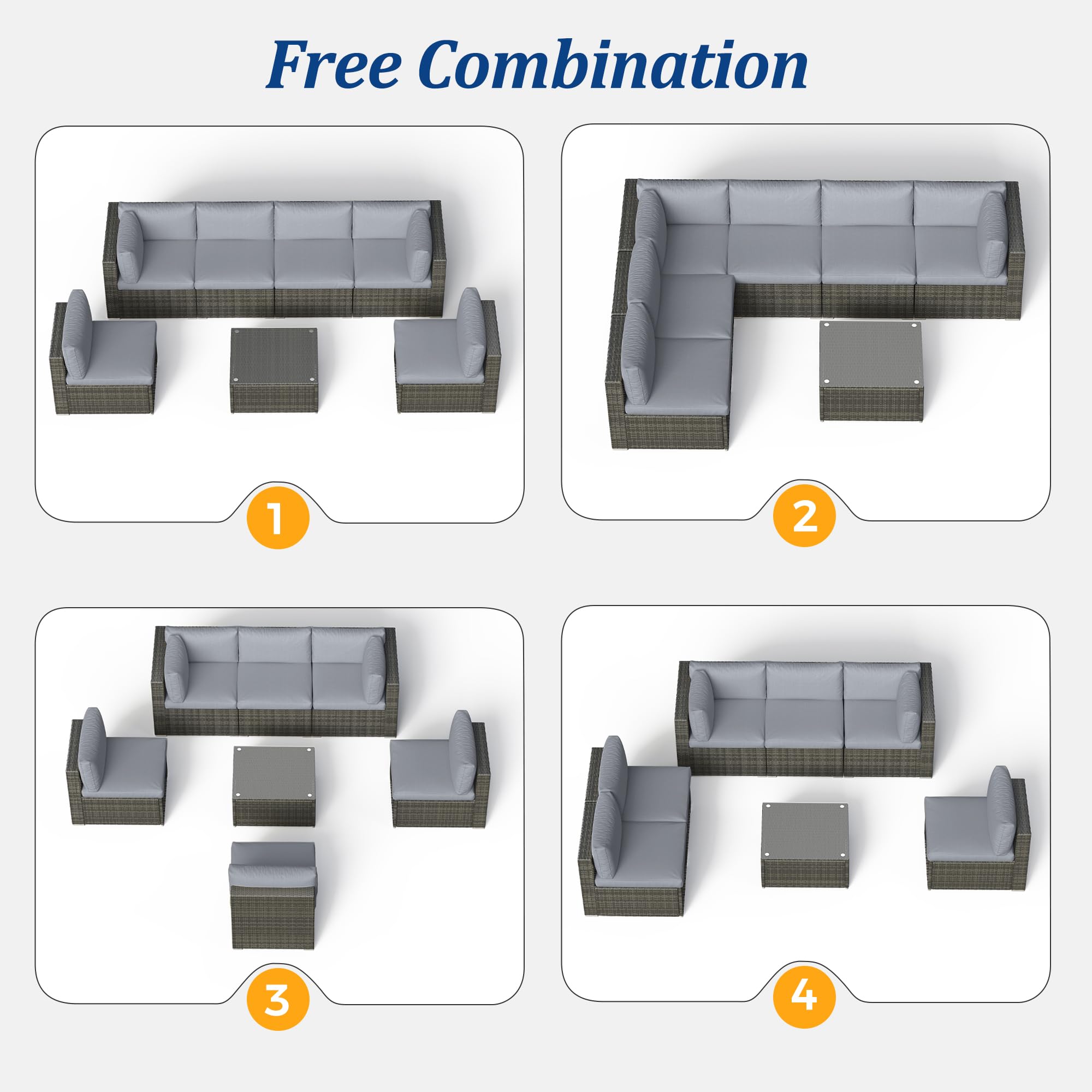 SUNVIVI 7-Piece Outdoor Patio Furniture Set - All-Weather PE Wicker Sofa Couch with Tempered Glass Table & Removable Gray Cushions - Perfect for Backyard, Garden, Poolside and Terrace Relaxation
