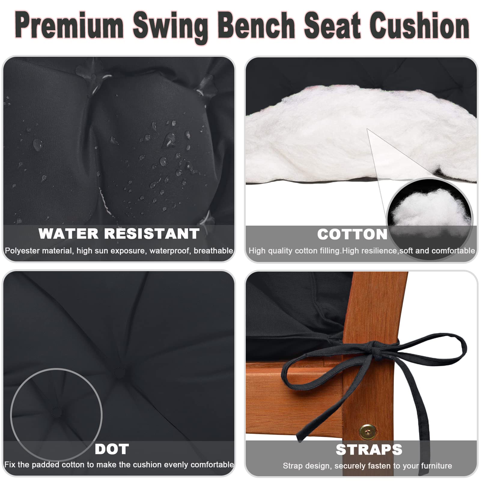 **60 Inch Waterproof Outdoor Bench Cushion with Backrest – Thickened Patio Swing Cushion for 3-Seater Porch Furniture (Black, 40x60 Inch) – Perfect for Garden, Deck, and Backyard Relaxation**