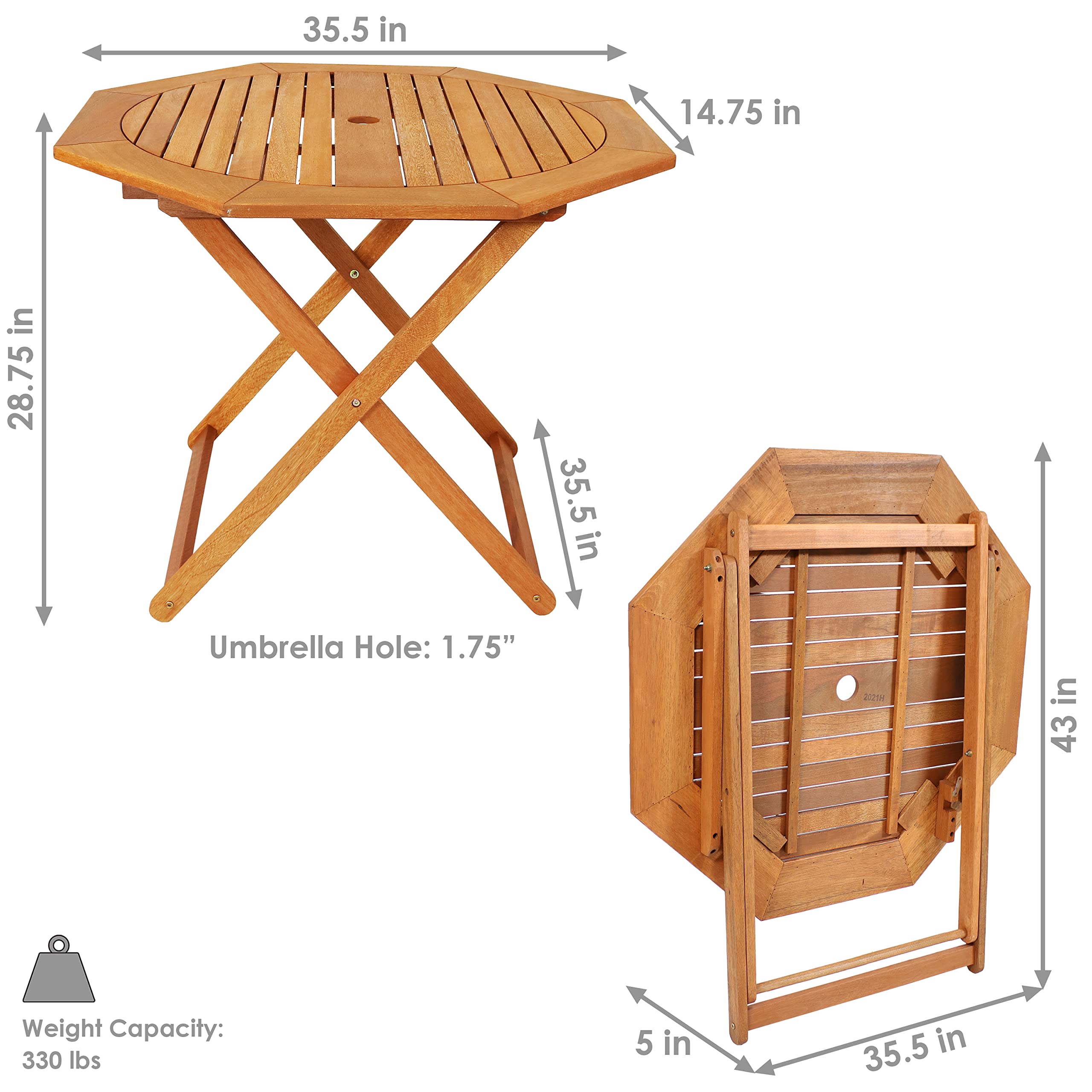 Sunnydaze Meranti Wood Octagon Outdoor Folding Patio Table - Teak Oil Finish - Perfect for Backyard, Garden, Poolside & Patio Dining