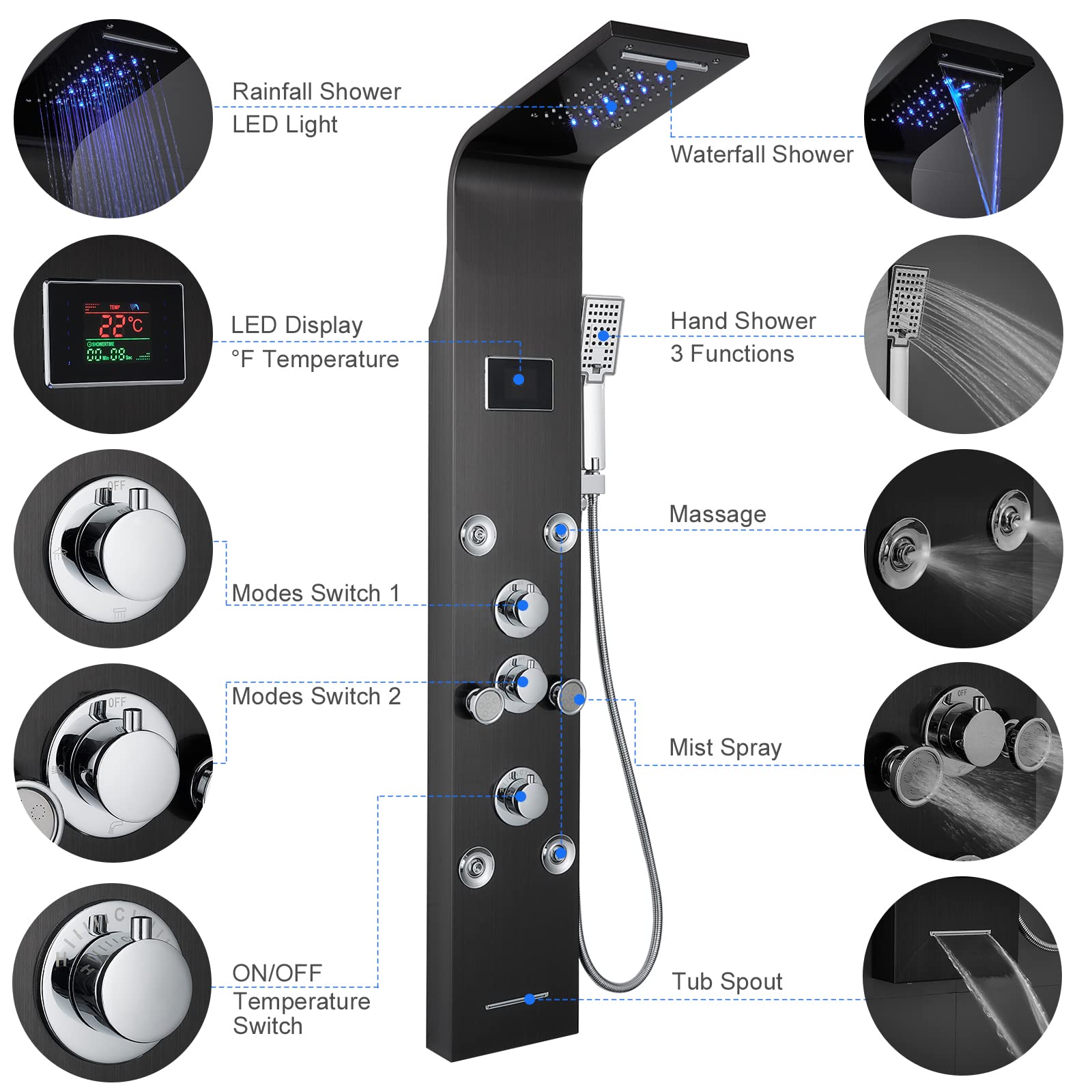 Black Stainless Steel LED Light Shower Panel System with Rainfall Shower Head, Massage Jets & Handheld Spray - Perfect for Modern Bathroom Renovation & Spa-Like Shower Experience
