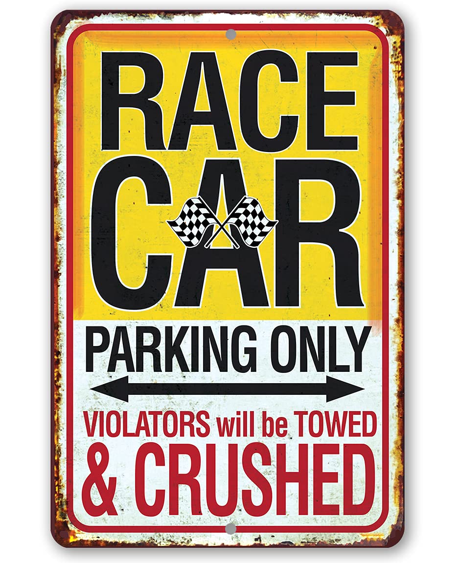 Vintage Metal Garage Sign - 'Race Car Parking Only Violators Will Be Towed' - Funny Man Cave Decor for Garage, Workshop & Auto Repair Shop - Durable Indoor/Outdoor Metal Wall Art - Perfect Gift for Car Enthusiasts & Mechanics (Home, Office, Garage Decor)