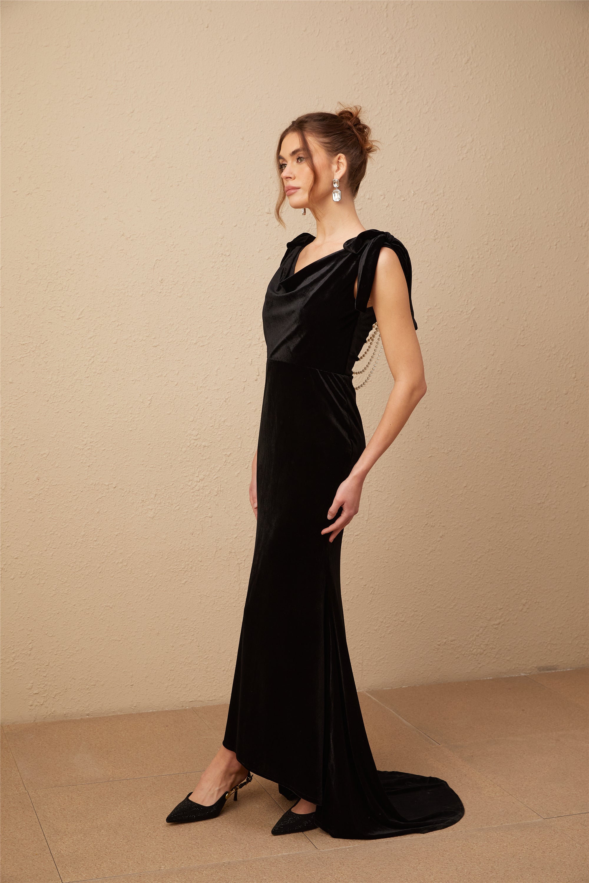 Elegant Audrey Embellished Velvet Open Back Maxi Dress for Women - Perfect for Evening Parties, Weddings & Special Occasions