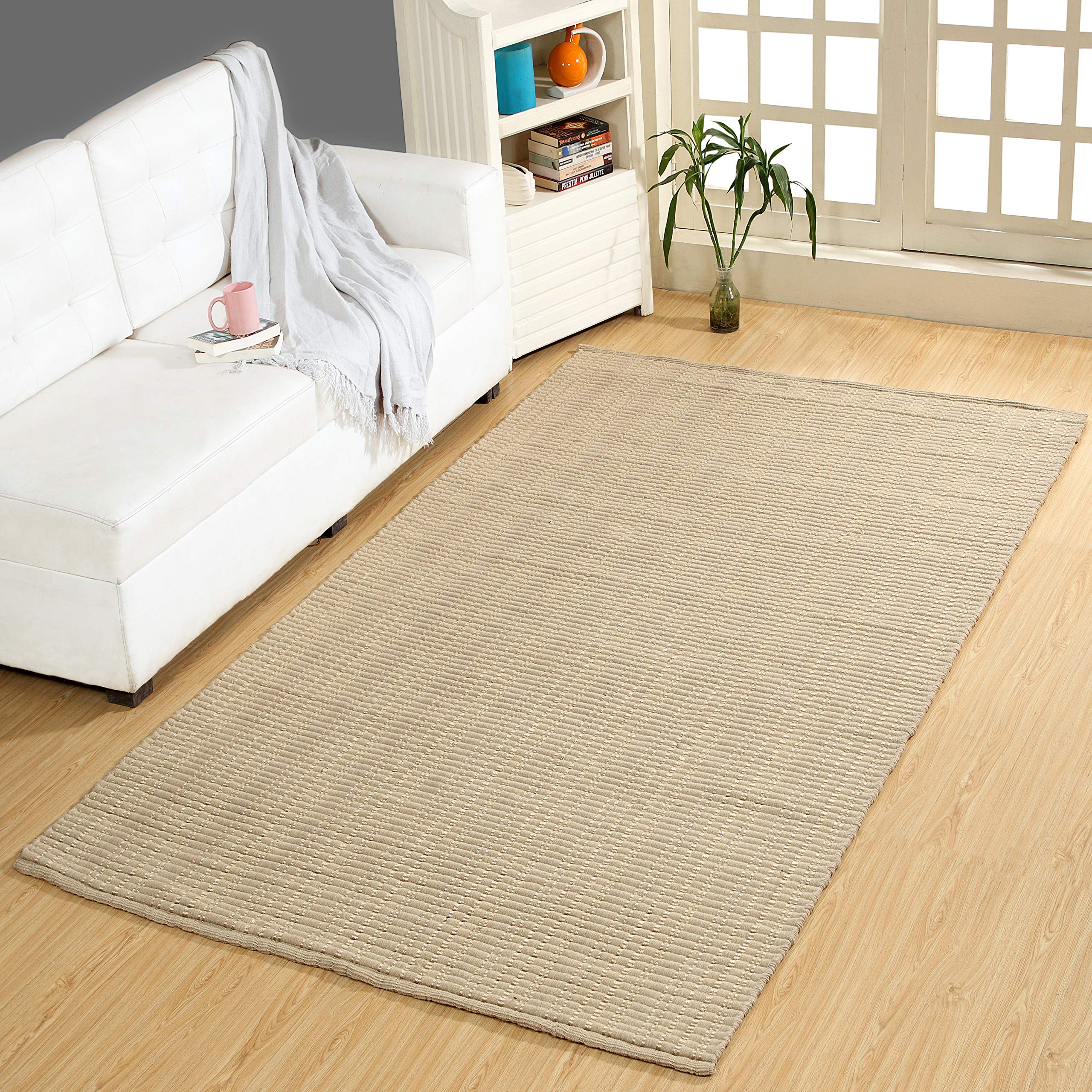 Premium Woolen Silk Ribbed Living Room Rug - Machine Washable, Non-Slip 5' x 8' Beige Area Rug for Sofa & Bedroom - Soft Foldable Indoor Carpet for Home Decor, Easy to Clean - Perfect for Cozy Living Spaces & High-Traffic Areas