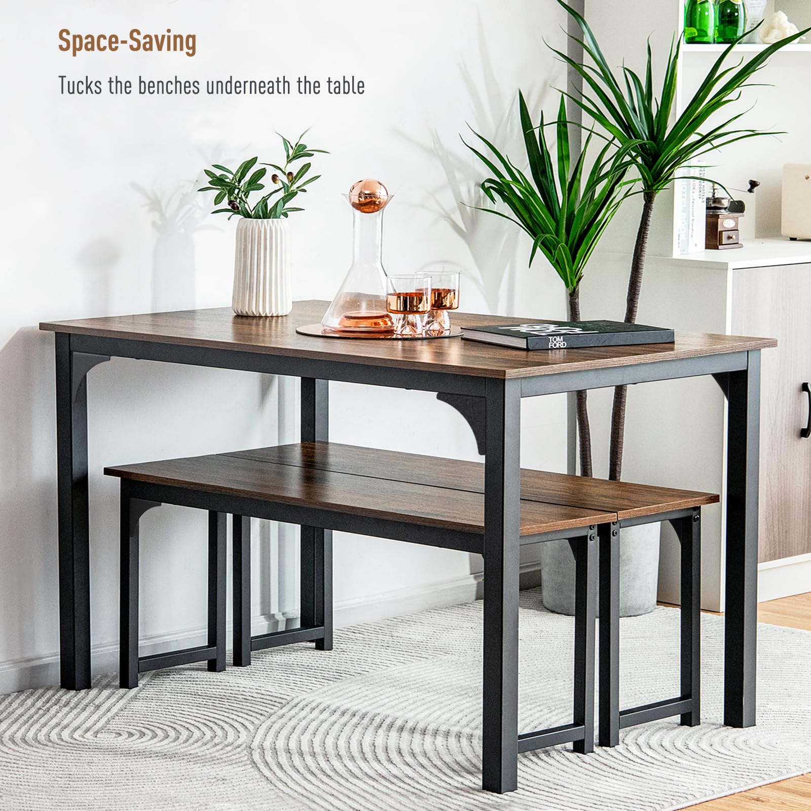 NAFORT 3-Piece Space Saving Dining Table Set for 4 with 2 Benches - 43.5 Inch Compact Kitchen Table with Sturdy Metal Frame & Solid MDF Wood Board - Perfect for Small Apartments, Breakfast Nooks, Restaurants & Outdoor Patio Use