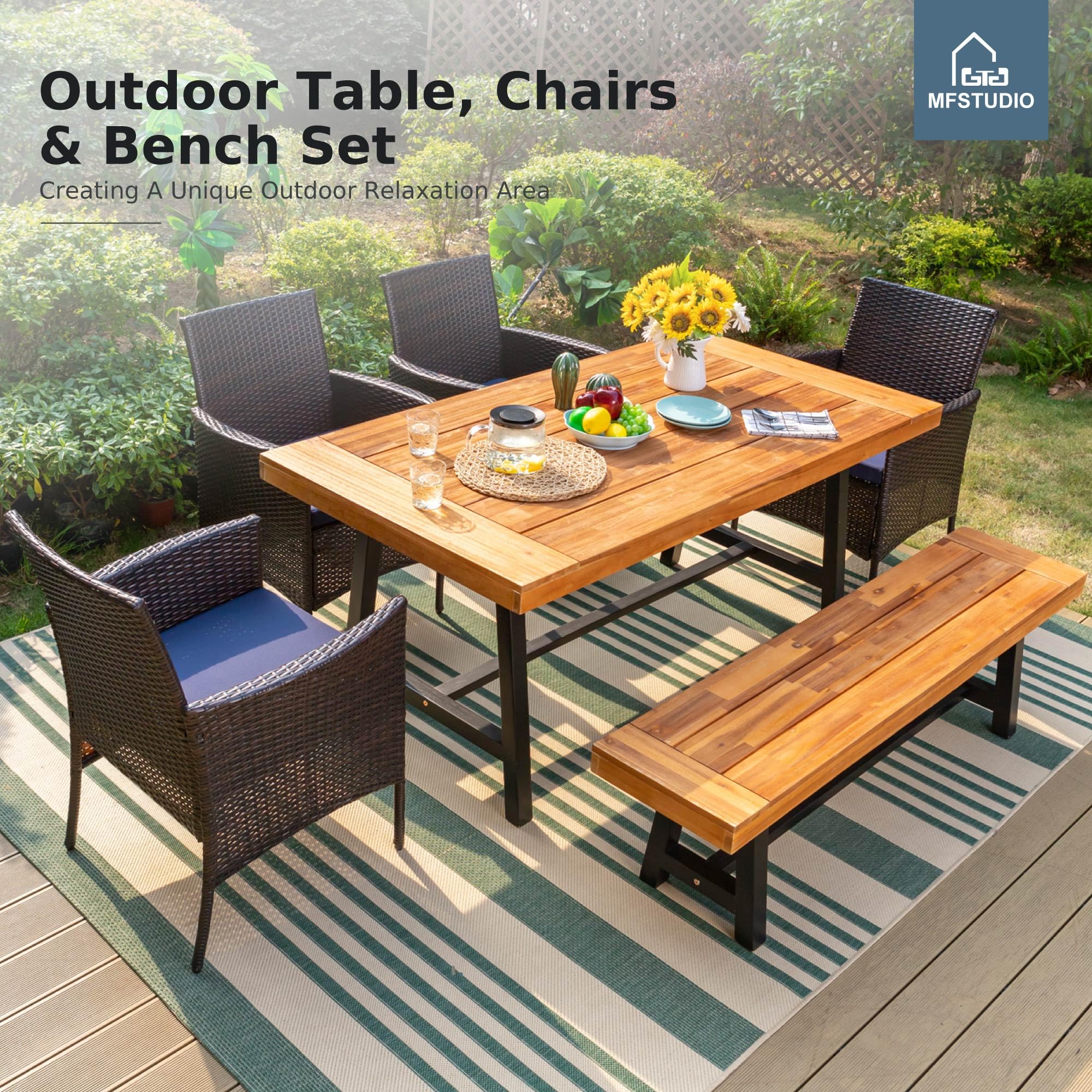MFSTUDIO 6-Piece Acacia Wood Wicker Patio Dining Set with Table, 4 Chairs & Bench - Outdoor Furniture for Garden, Backyard, Poolside - Weather-Resistant Dining Table & Chairs for Entertaining