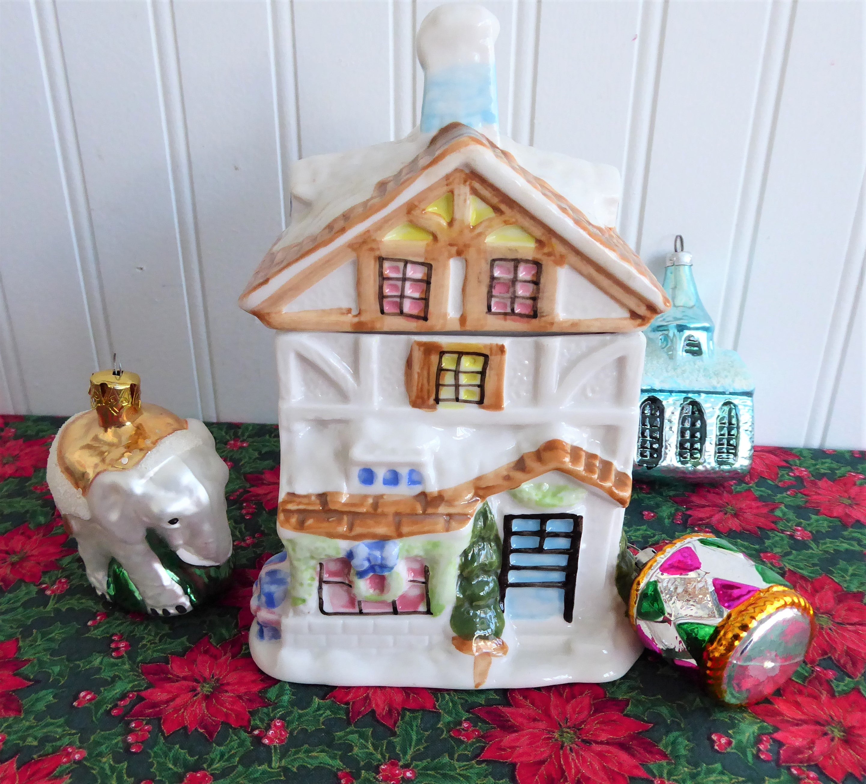 Vintage 1960s Ceramic Christmas House Tea Caddy Canister with Snow Design - Perfect for Holiday Decor, Tea Storage & Cozy Winter Home Decor