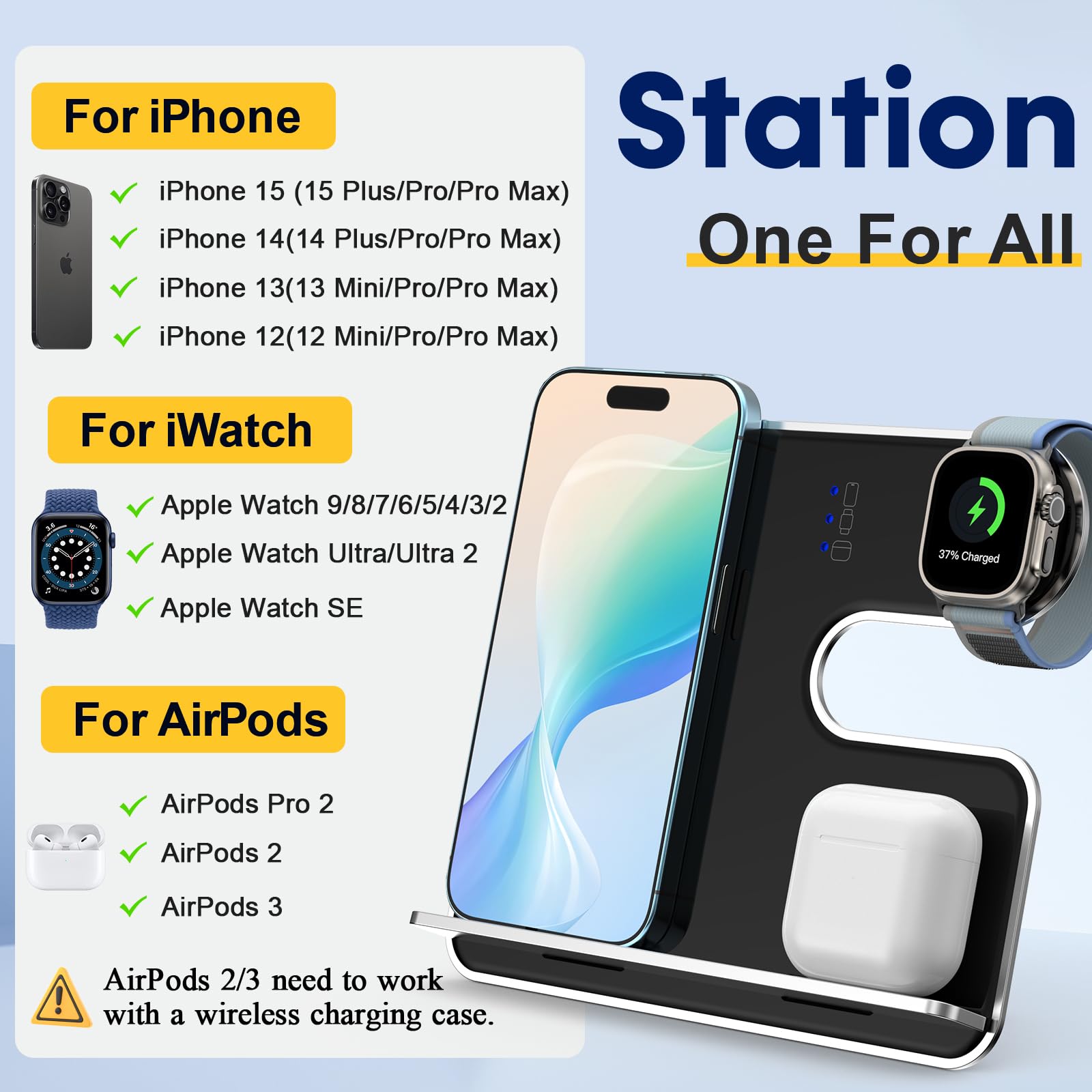 3-in-1 Wireless Charger for iPhone, Apple Watch & AirPods | Aluminum Alloy Charging Station with Detachable Design | Fast Charging for Home, Office & Travel Use