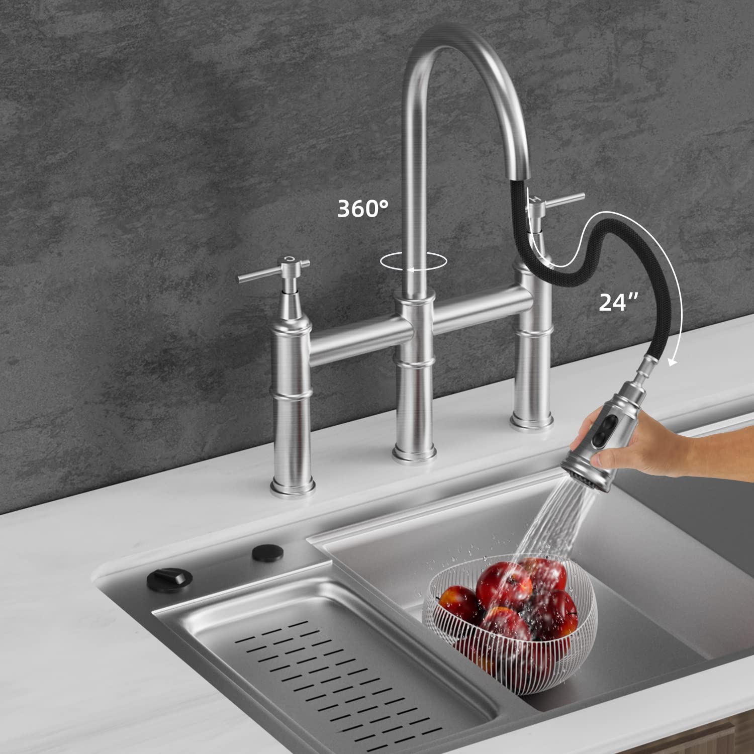 Modern 3-Hole Bridge Kitchen Faucet with Pull Down Sprayer - 2 Handle Swivel Spout Stainless Steel Sink Faucet (Brushed Nickel) - Perfect for Contemporary Kitchens, Restaurant Prep Areas & Home Renovations