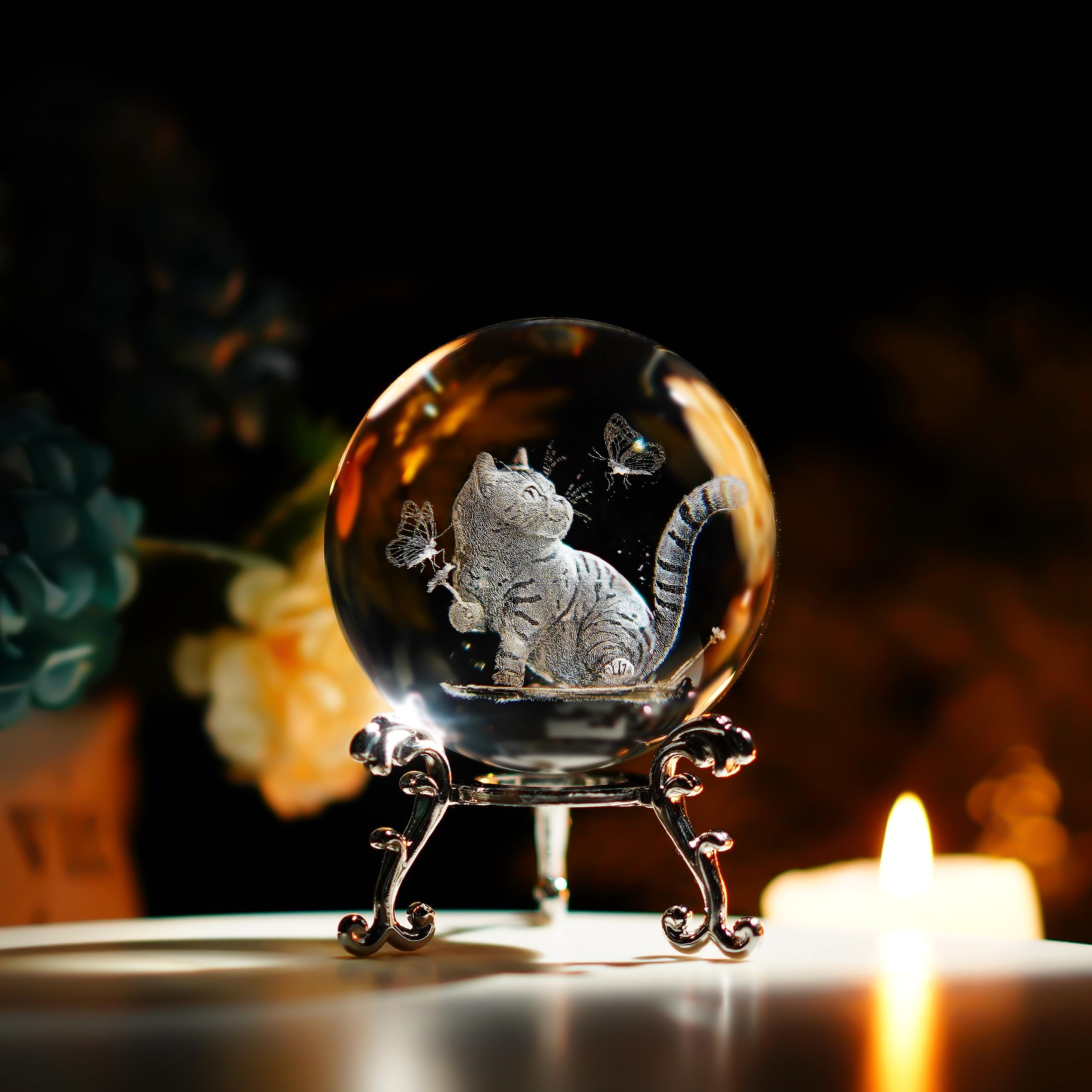 3D Crystal Cat Ball with Laser Engraved Butterflies - Glass Paperweight with Stand - Unique Home Decor & Gift for Cat Lovers - Perfect for Desk Decor, Feng Shui, and Cat-Themed Party Favors
