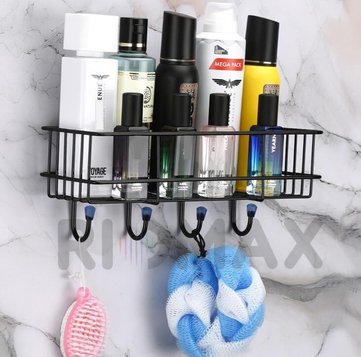 RIOMAX Wall Mounted Self-Adhesive Bathroom Shelf with Hooks - Space Saving Towel Holder & Organizer Rack for Bathroom, Kitchen, Laundry Room - Durable Powder Coated Black Metal (1 Pack) - Perfect for Small Spaces & Clutter-Free Organization