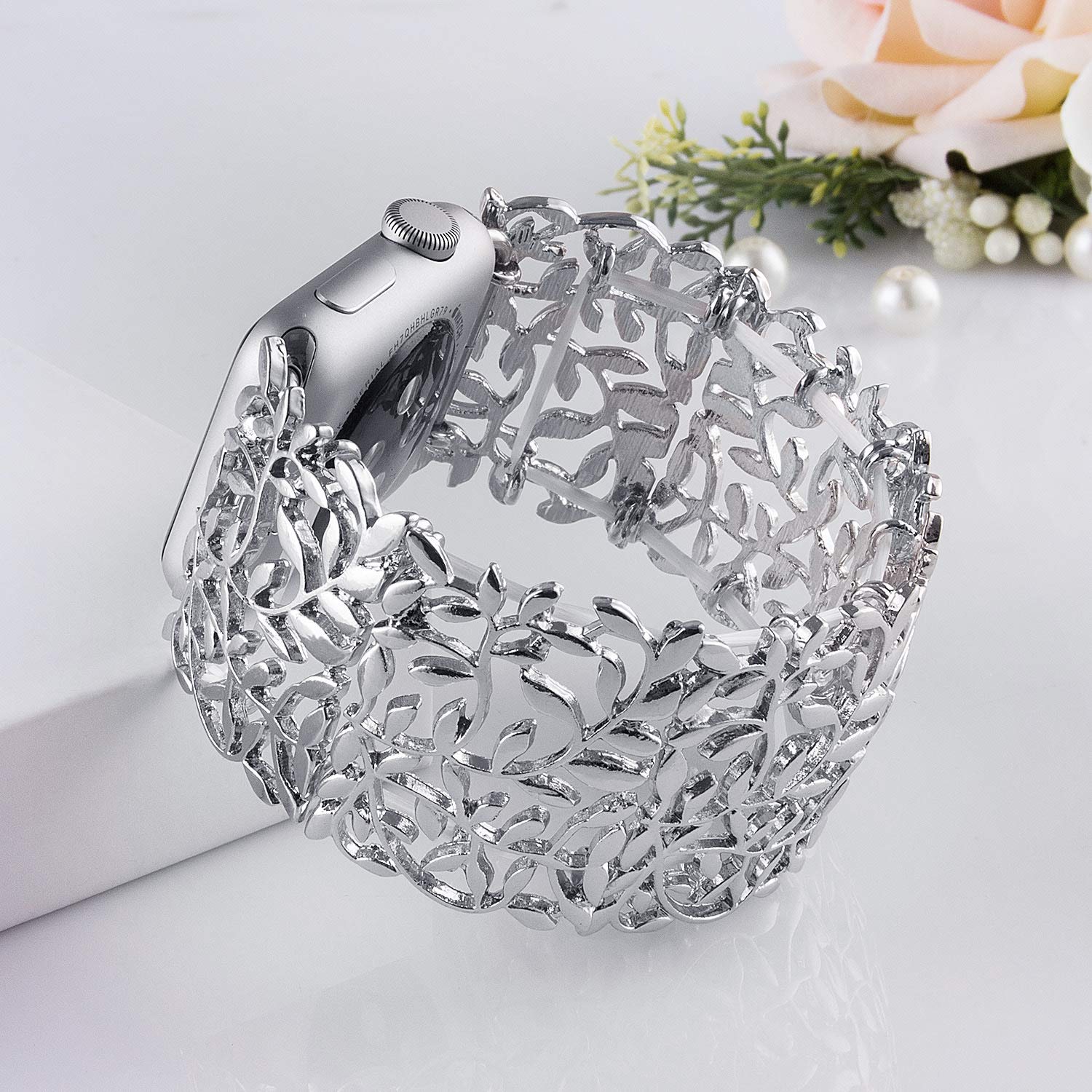 VIQIV Stretchable Bracelet Band Compatible with Apple Watch Series 5/4/3 (38mm/40mm/42mm/44mm) - Elegant Jewelry Bangle Strap for Women - Silver 44mm - Perfect for Work, Parties & Special Occasions
