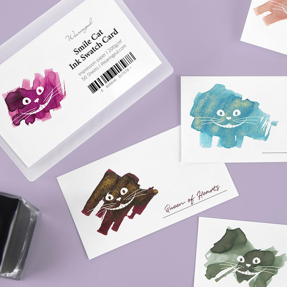 Wearingeul Ink Color Chart Card - 50 Sheets for Fountain Pen & Calligraphy - Smile Cat Design - Perfect for Ink Swatching, Journaling, and Artistic Projects