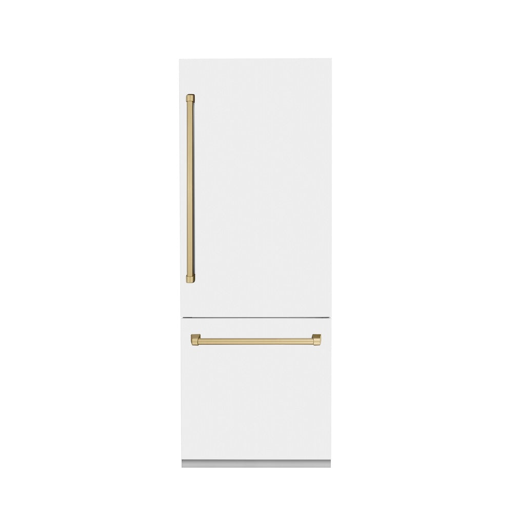 ZLINE Autograph Edition 30-inch 16.1 cu ft Built-In Bottom Freezer Refrigerator with Water Dispenser & Ice Maker - White Matte with Champagne Bronze Accents (RBIVZ WM 30 CB) | Premium Kitchen Appliance for Modern Homes & Restaurants