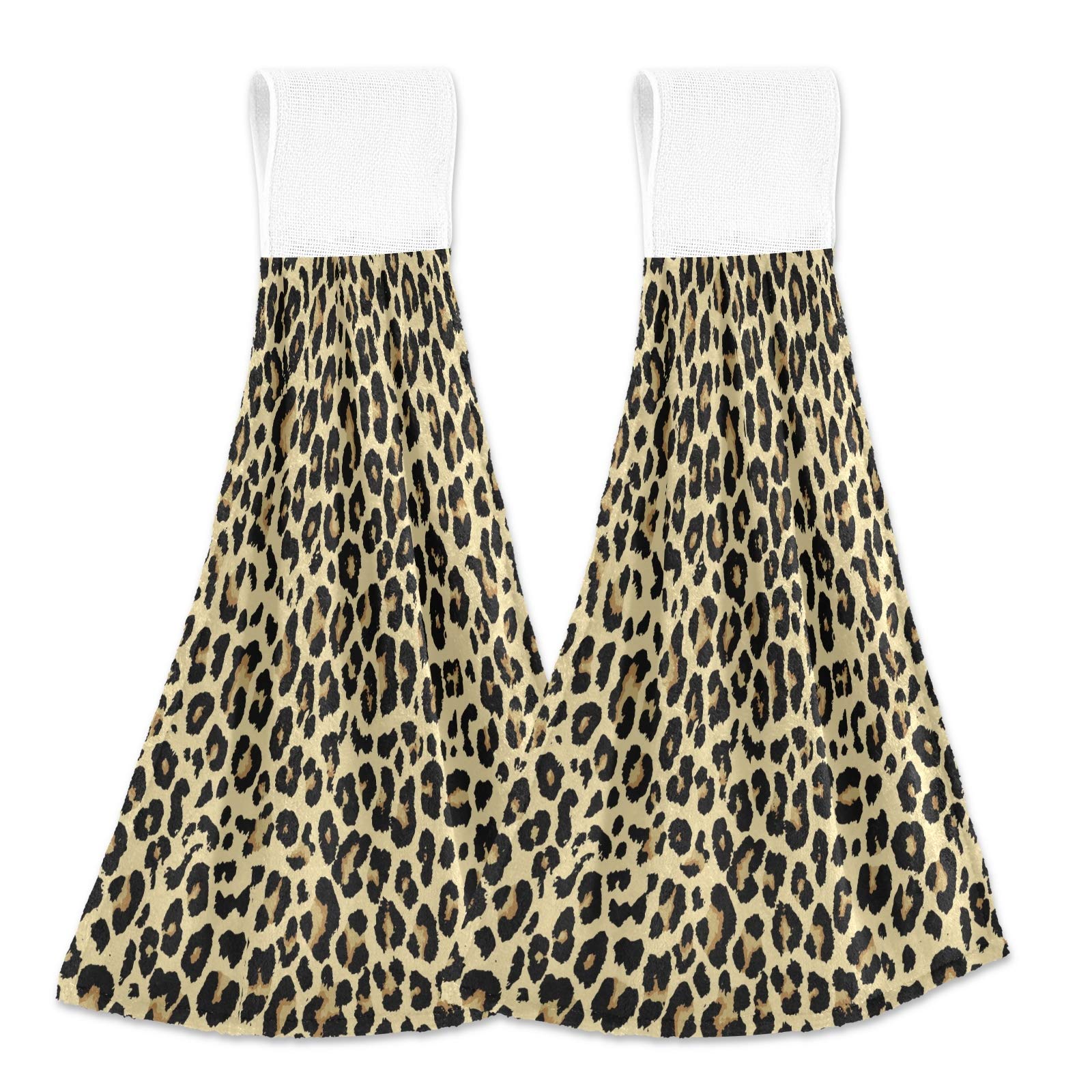 Premium Leopard Print Kitchen Hand Towels - Super Absorbent Animal Brown Hanging Dish Towels with Loop - 2 Pack for Kitchen, Bathroom & Home Decor