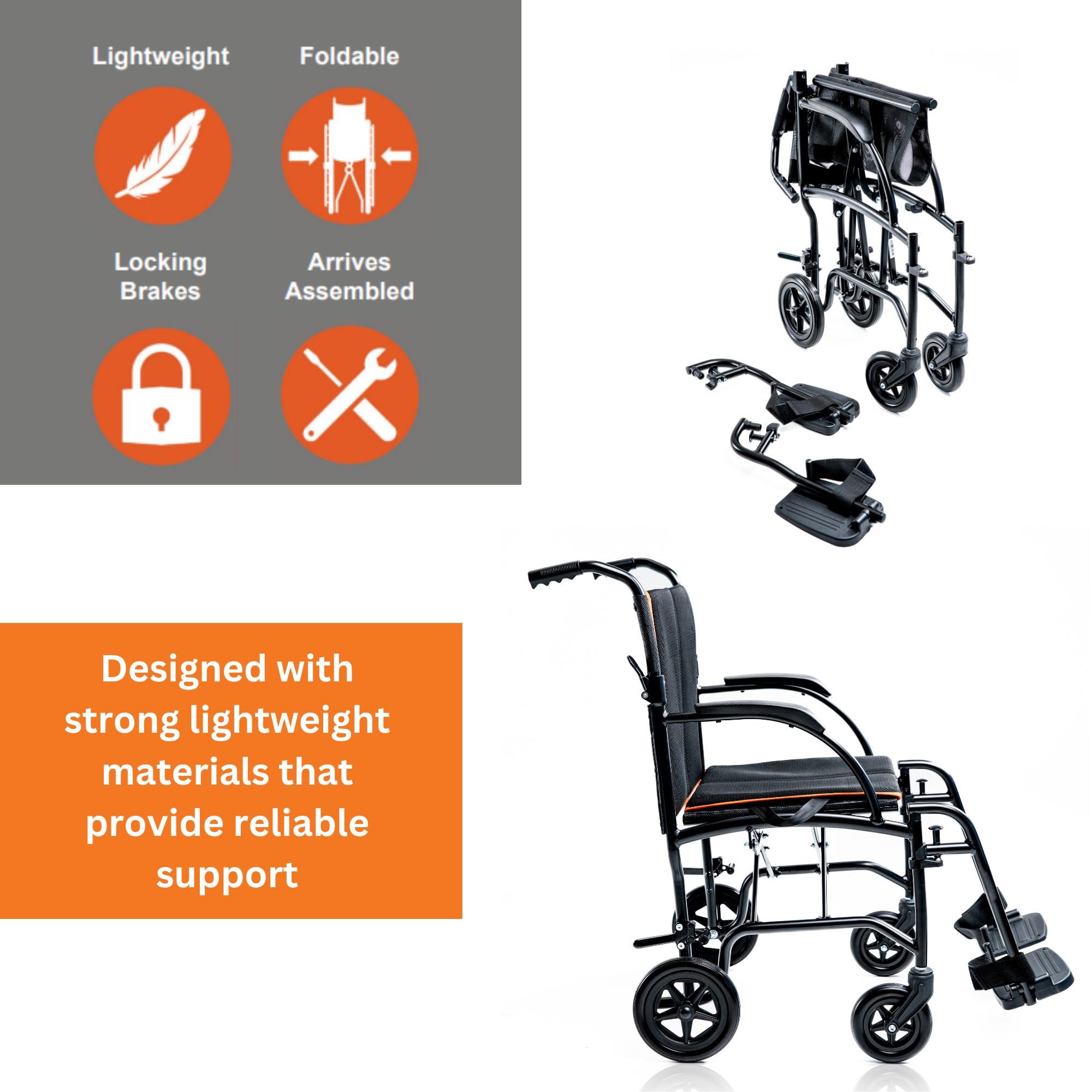 Feather Mobility - 13lb Ultra Lightweight Folding Transport Wheelchair - Black - 300 lb Weight Capacity - No Handbrakes - Ideal for Travel, Shopping & Doctor Visits