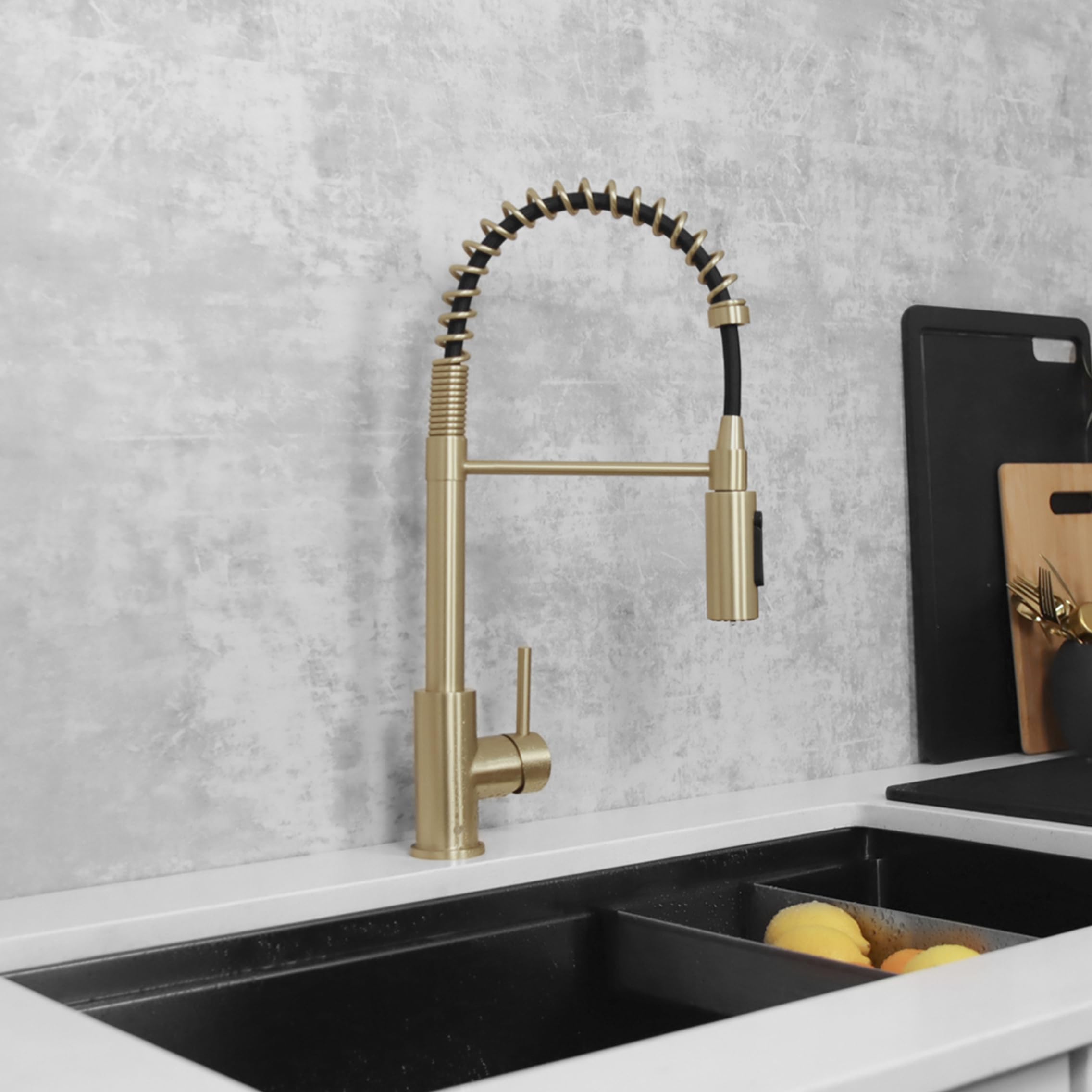 Premium 2-in-1 Commercial Kitchen Faucet with Pull-Down Sprayer & Water Filter - Brushed Gold Stainless Steel Single Handle Sink Faucet with Ceramic Cartridge & Aerator (Model K-107GR) - Ideal for Restaurants, Home Kitchens & Food Prep Areas