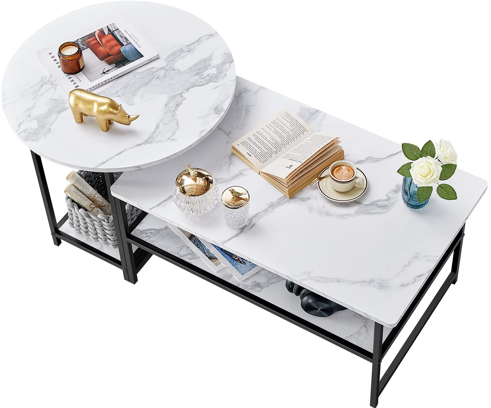 Modern White Coffee Table - Detachable Faux Marble Living Room Table for Small Spaces