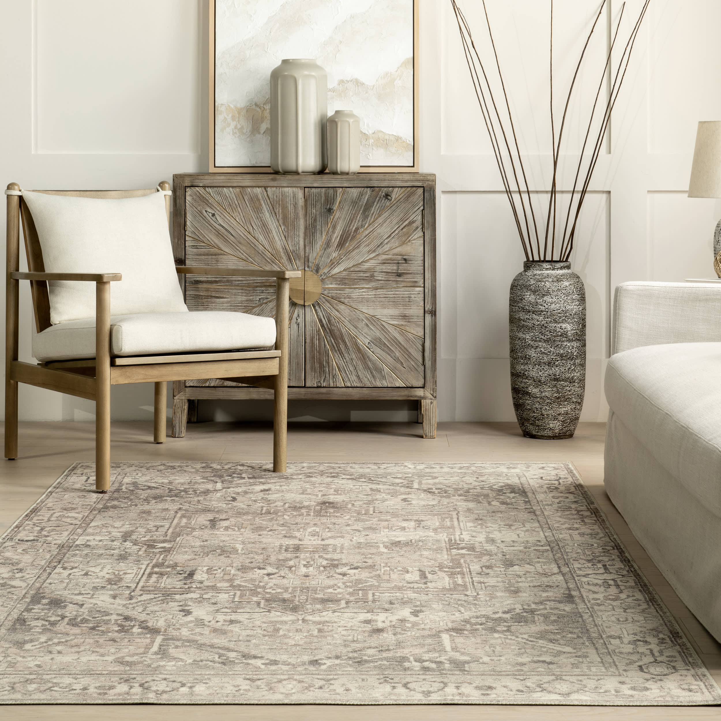 Atrium Medallion Washable Rug - Soft Grey Indoor/Outdoor Area Rug for Living Room, Bedroom, or Patio