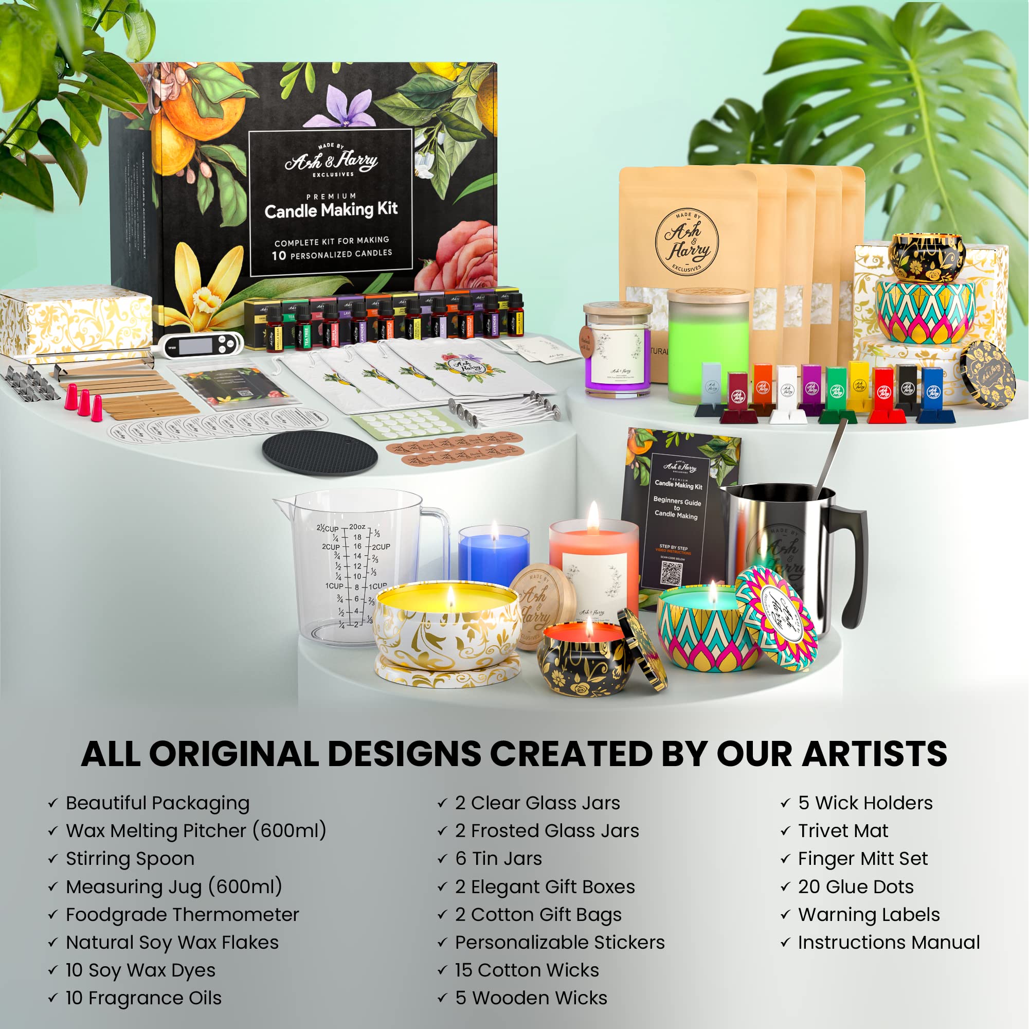 ASH & HARRY Premium Soy Candle Making Kit for Adults - DIY Starter Kit with 10 Tins & Jars, Complete Candle Making Supplies for Home Decor, Holiday Gifts (Makes 10 Candles) - Perfect for Relaxation, Spa Nights & Romantic Home Ambiance