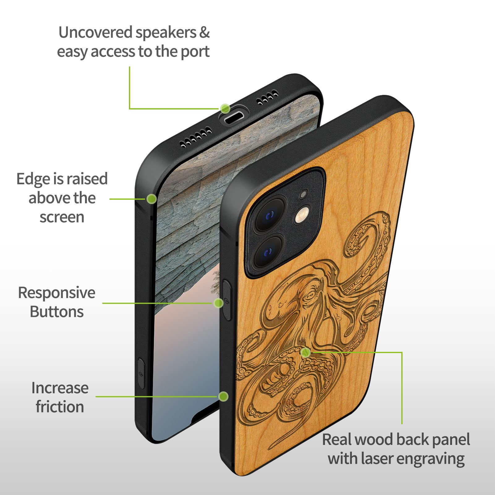 Carveit Magnetic Wood Case for iPhone 12 Mini - Natural Cherry Wood & Black TPU Shockproof Protective Cover - MagSafe Compatible - Unique Octopus Design - Perfect for Business, Travel & Everyday Use