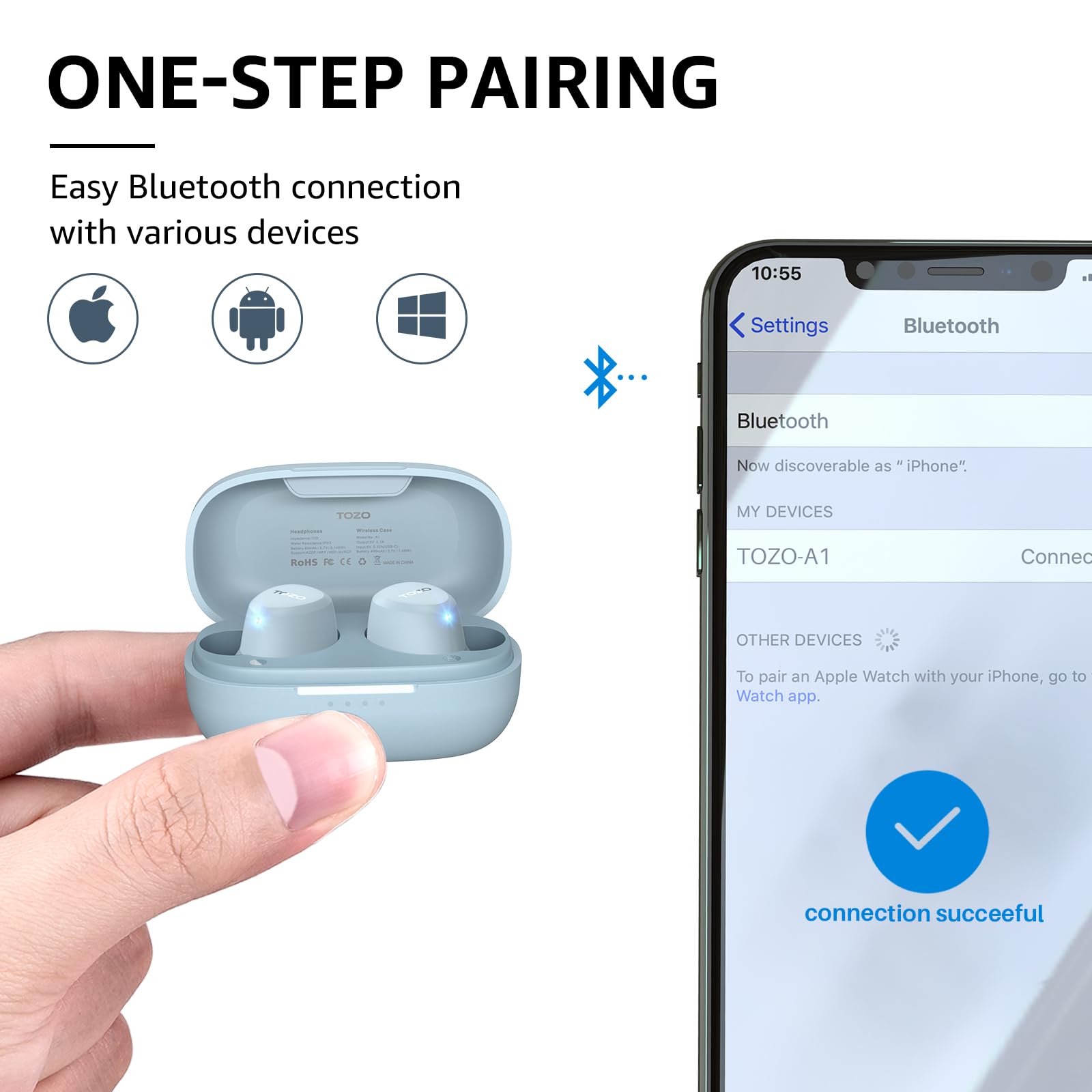 TOZO A1 Wireless Earbuds Bluetooth 5.3 - Lightweight IPX5 Waterproof Headphones with 2 Mics for AI Calls, Immersive Bass Sound & 32 EQ Presets via App - Perfect for Gym, Running, Workouts & Commuting