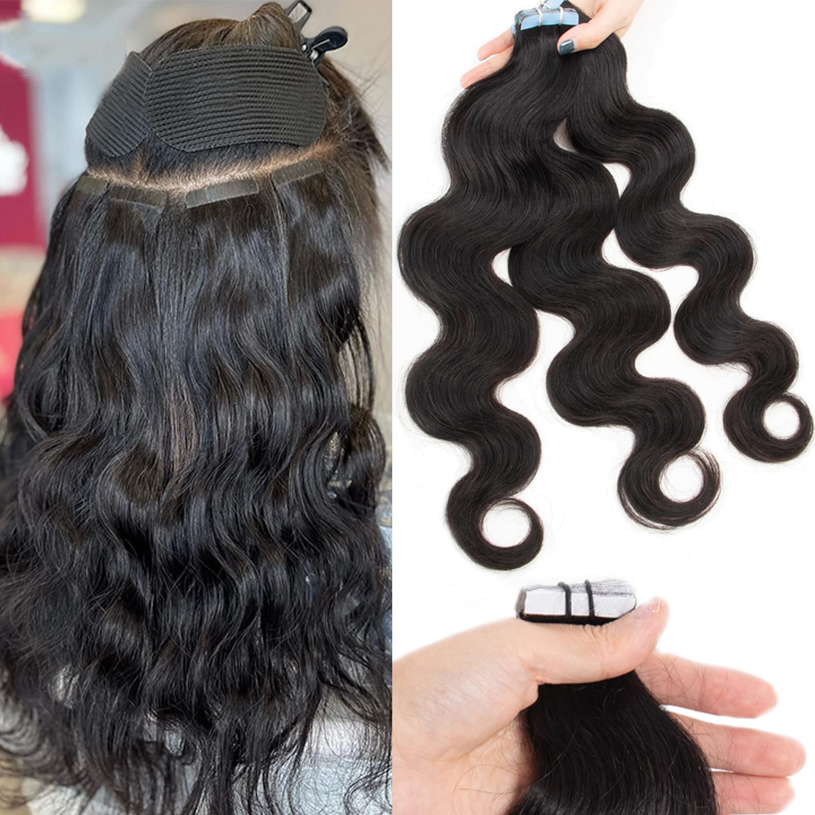 Natural Black Tape in Hair Extensions 24 Inch Body Wave Remy Human Hair - 50g/pack 20pcs #1B Wavy Tape Ins for Black Women - Perfect for Daily Styling, Parties & Special Occasions