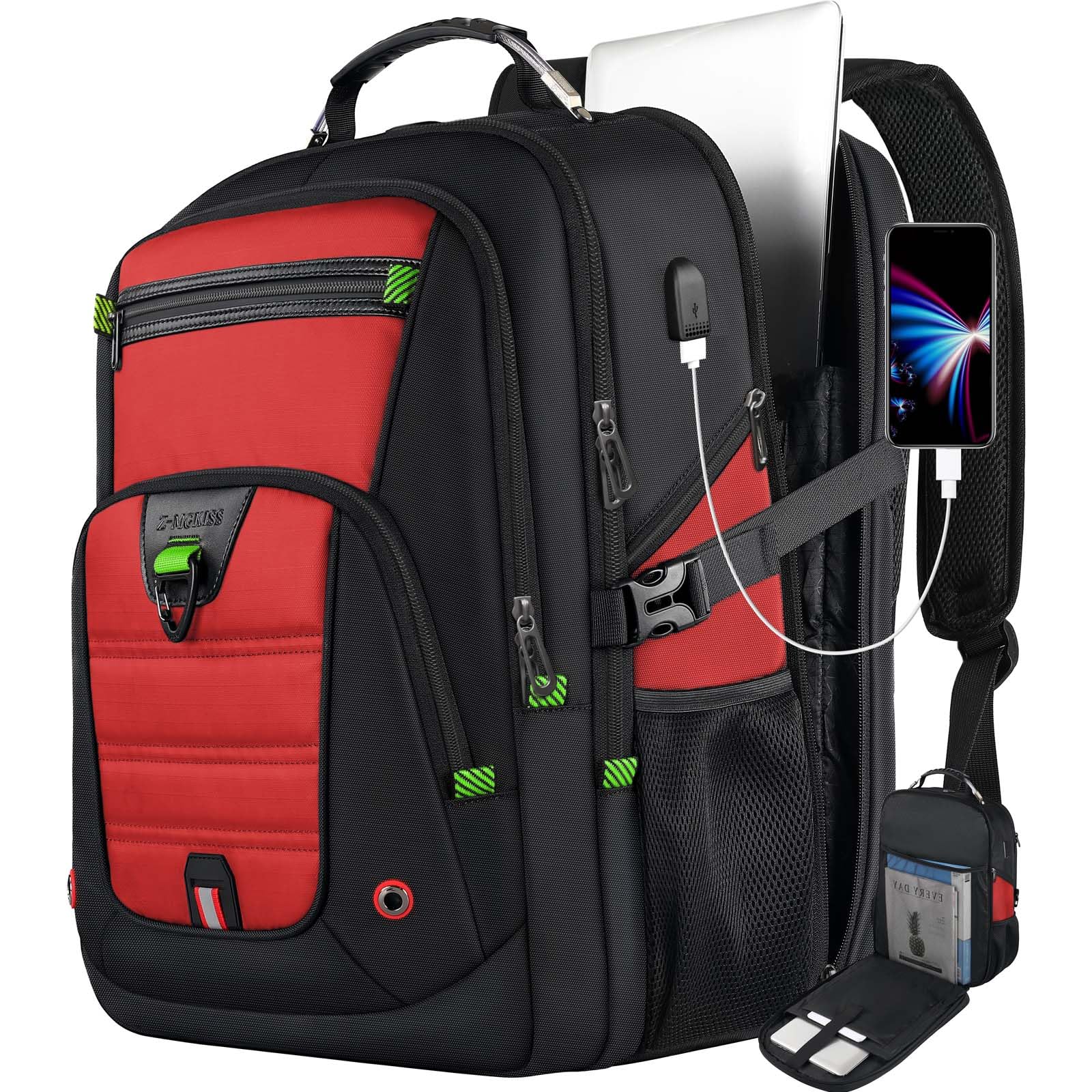 Z-MGKISS 18.4-19 Inch Extra Large Laptop Backpack for Men & Women - USB Charging Port, Multiple Compartments - Travel, School, Business & College Daypack (Red) - Perfect for Work Commute, Campus Life & Weekend Getaways