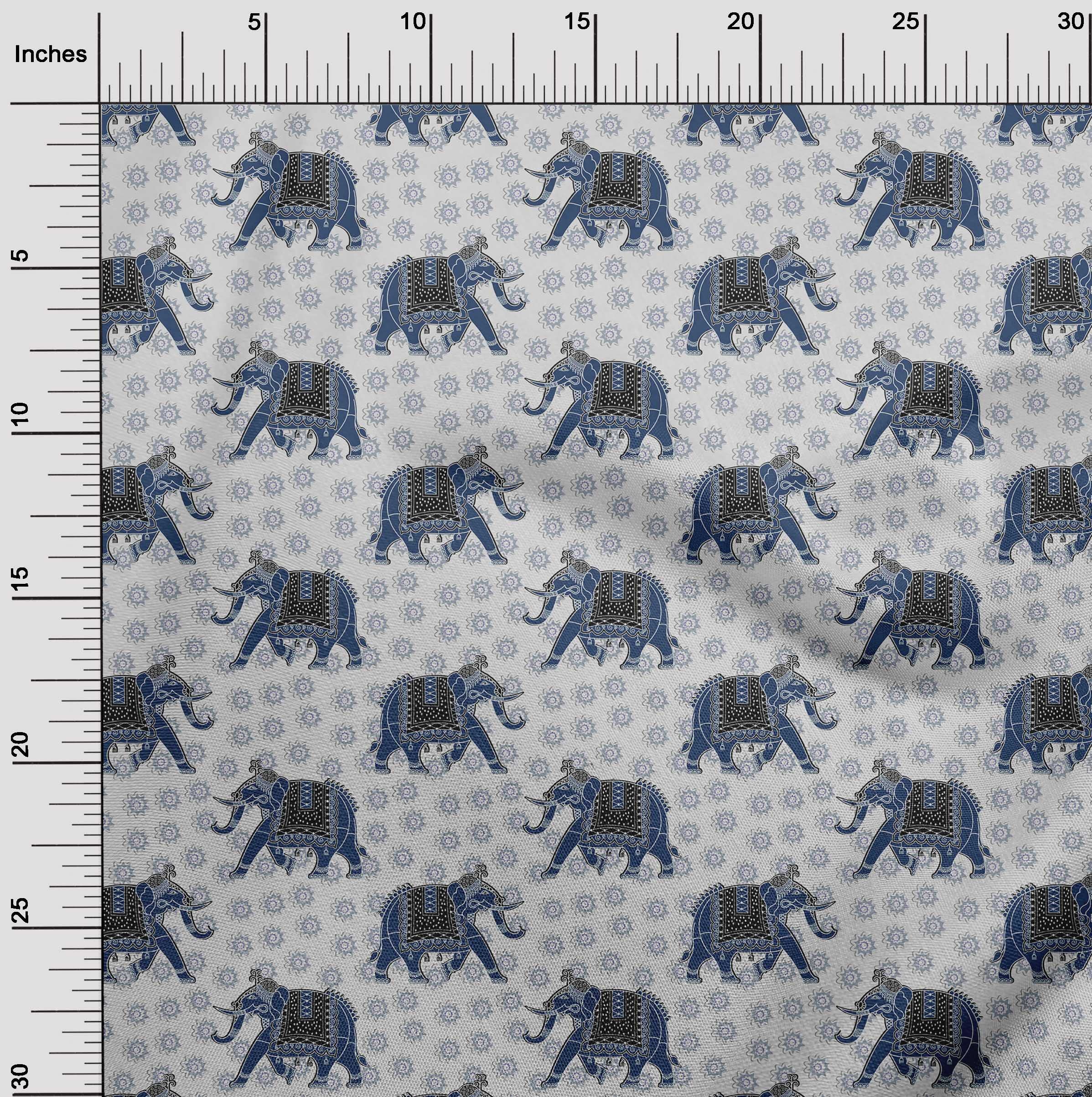 Premium White Elephant Print Polyester Spandex Fabric - 56