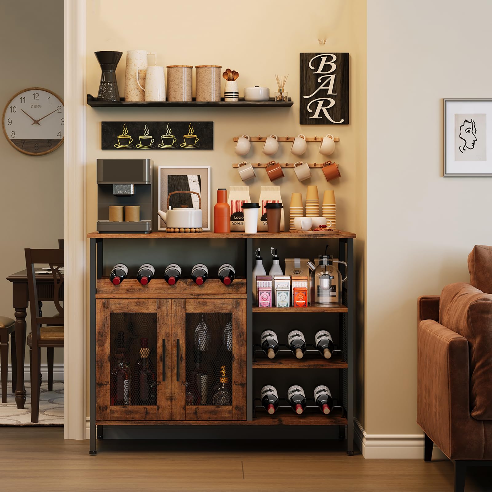 Rustic Brown X-cosrack Wine Bar Cabinet with Detachable Wine Rack & Glass Holder - Coffee Bar Sideboard with Mesh Door for Dining Room, Kitchen or Living Room Storage