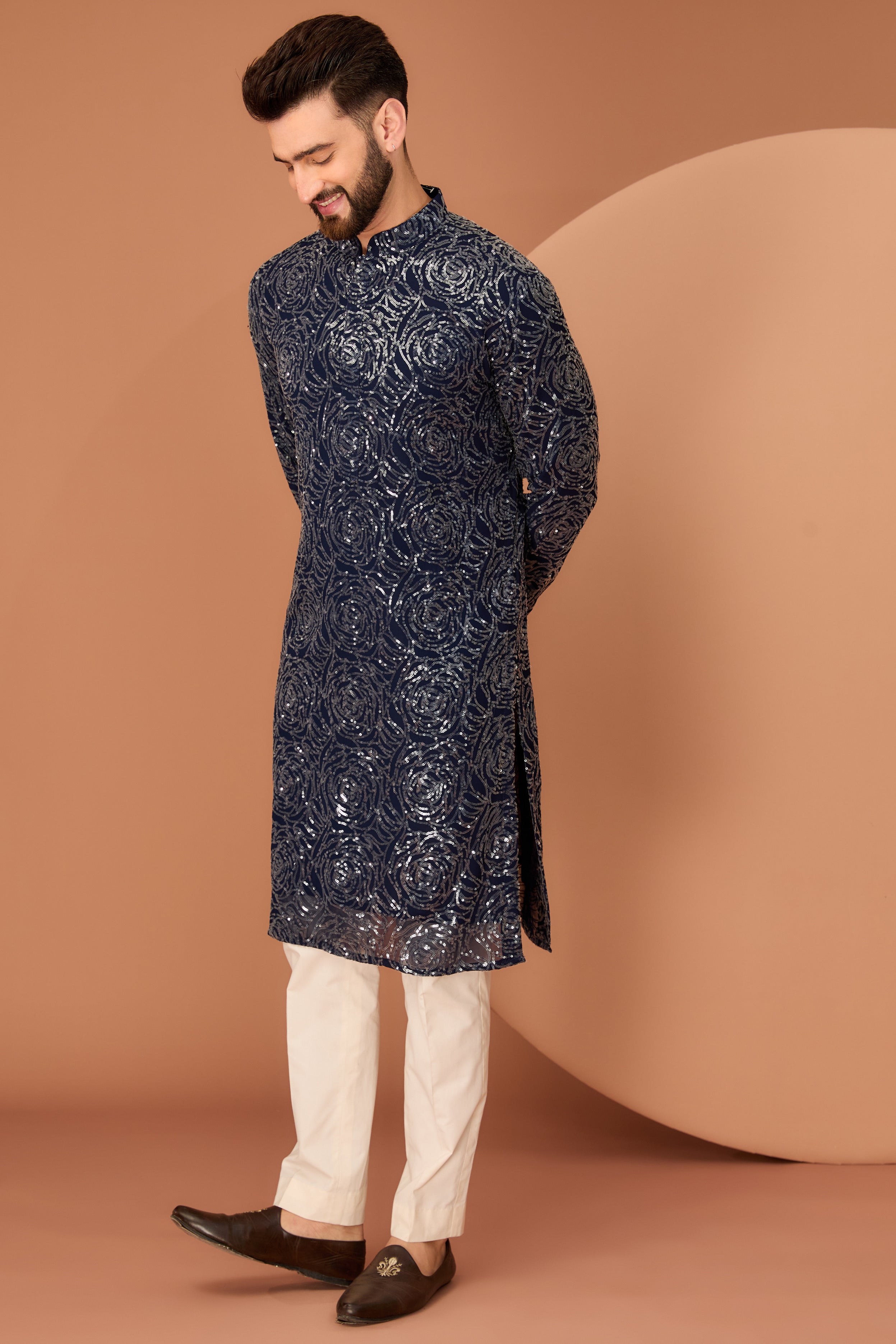 Elegant Midnight Blue Fully Sequined Kurta with Floral Embroidery - Perfect for Festivals, Weddings & Special Occasions