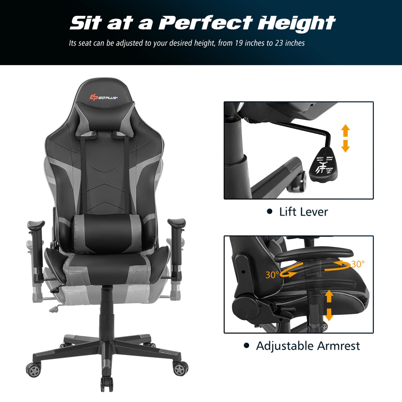 Ergonomic Gaming Chair with Massage - High Back PU Leather Office Computer Racing Chair, Adjustable Arms & Headrest, Reclining & Swivel for Home & Office Use - Perfect for Gaming, Work & Relaxation