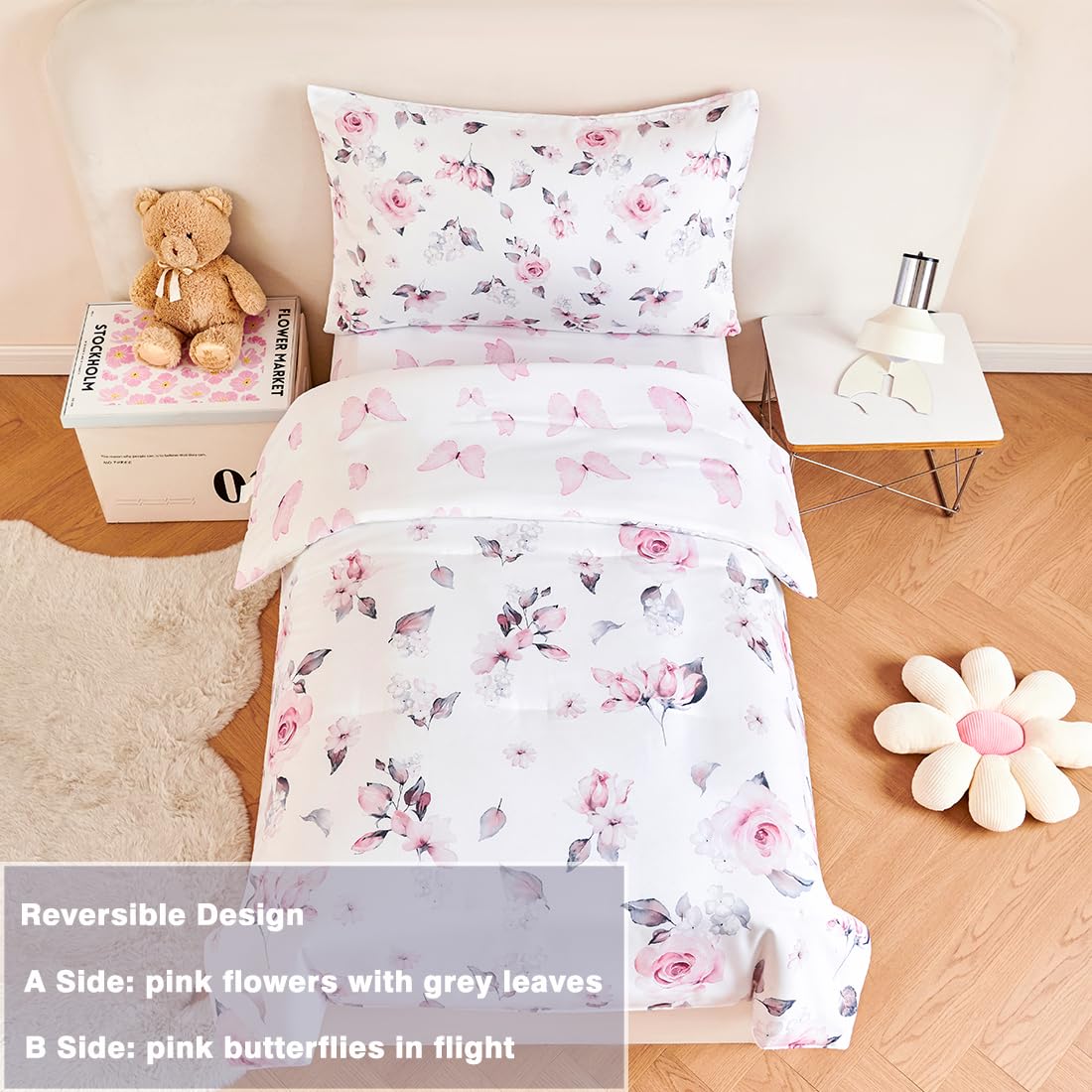 PERFEMET Floral Toddler Bedding 4-Piece Set - Pink Flower Girls Reversible Butterfly Comforter, Fitted Sheet, Flat Sheet & Pillowcase - Soft Nursery Crib Bedding for Baby & Toddler Rooms - Perfect for Girls' Bedrooms, Daycare & Gift Giving