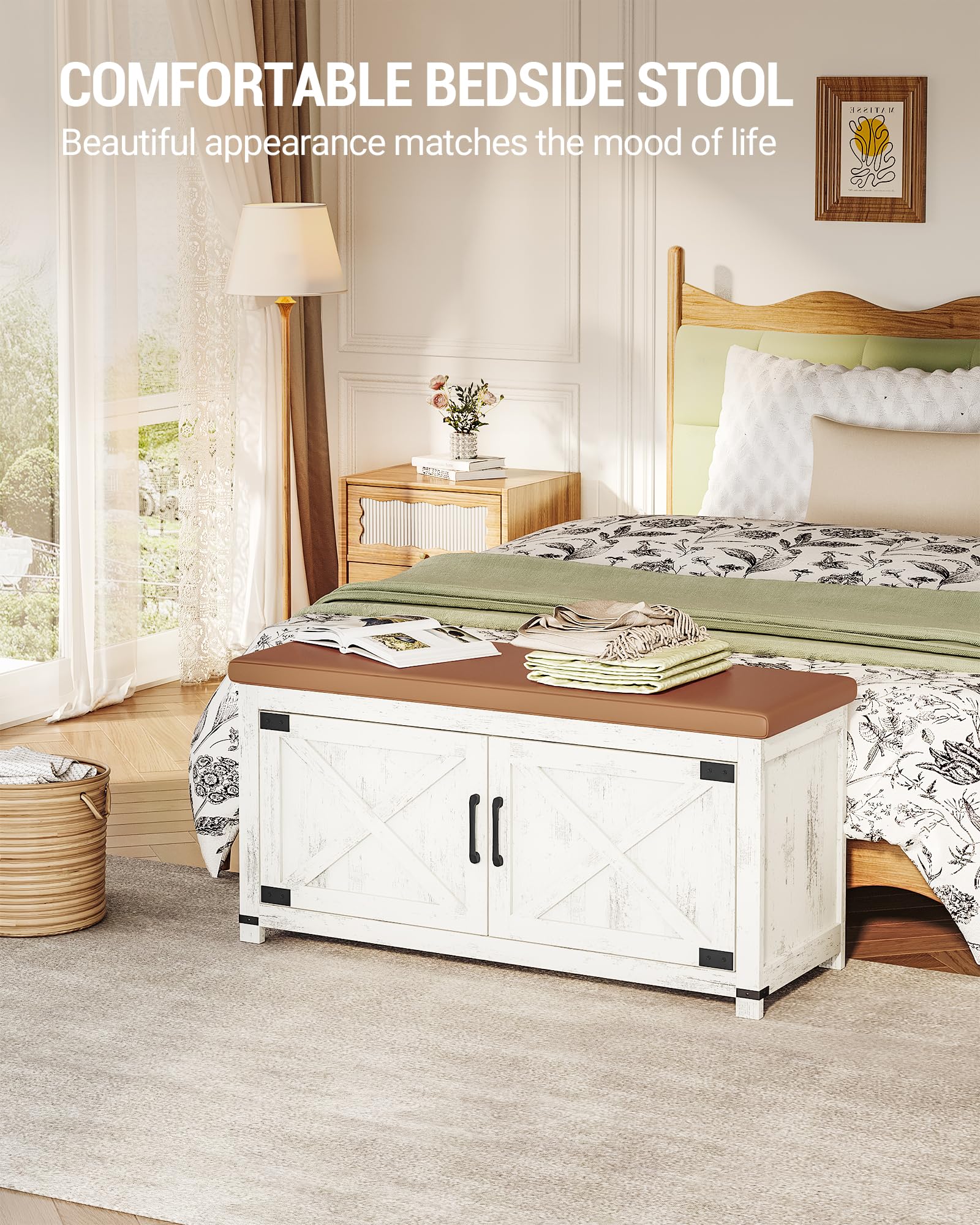 Farmhouse Shoe Storage Bench with Padded Seat - 2-Tier Entryway Organizer with Adjustable Shelf & Barn Doors - Antique White Shoe Cabinet for Living Room, Bedroom, Hallway - Perfect for Small Space Organization & Mudroom Decor