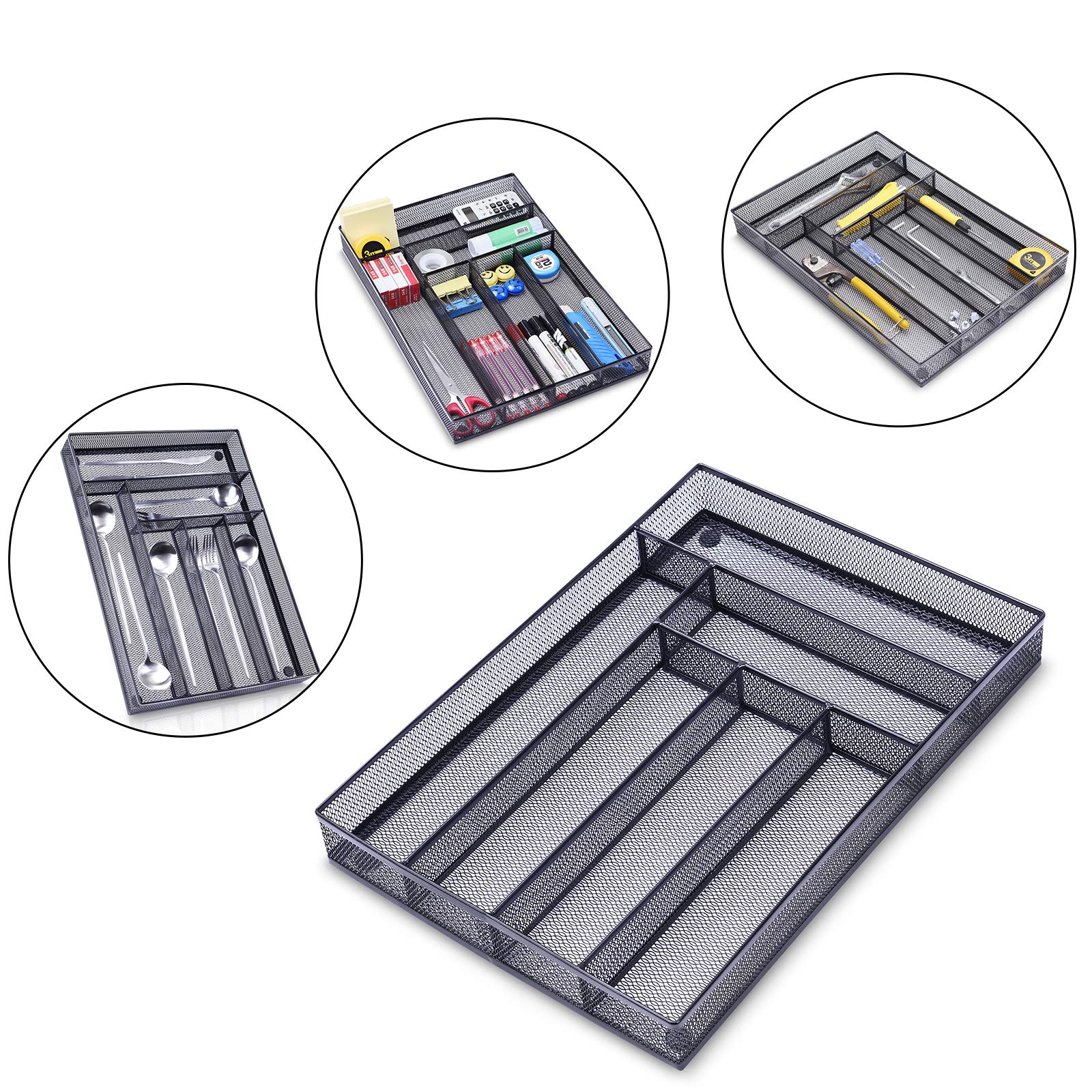 6-Compartment Mesh Desk Drawer Organizer - Black Office Supplies Tray for Stationery, Makeup & Small Items | Perfect for Home, Office & School Organization