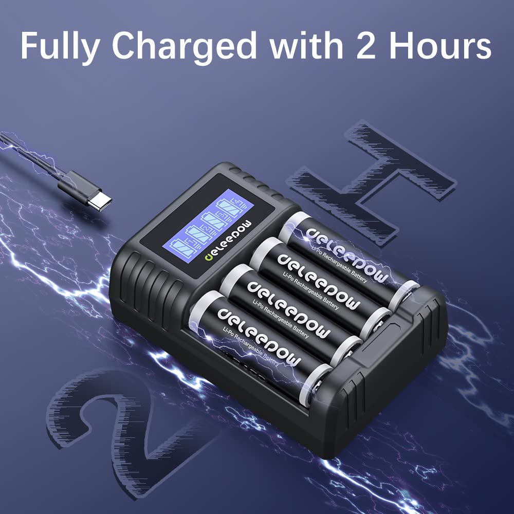 Deleepow AA Rechargeable Lithium Batteries 3400mWh 1.5V with Fast USB LCD Charger - 4 Pack for Household, Cordless Phones, Remote Controls, Electronics - Perfect for Smart Home Devices, Wireless Keyboards & Gaming Controllers