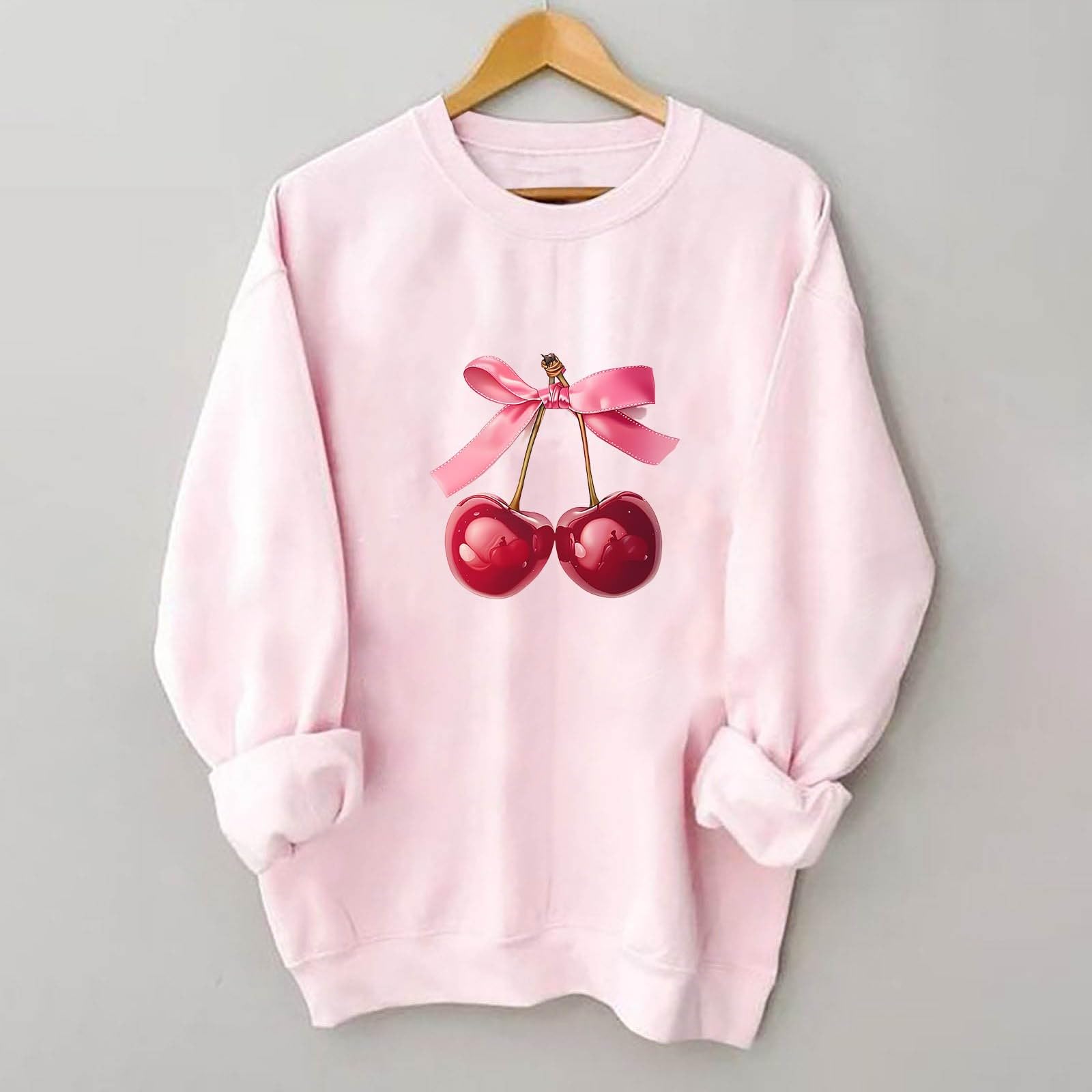 Women's Akklian Cute Cherry Bow Print Long Sleeve Kawaii Pullover - Oversized Loose Pink Sweatshirt for Teen Girls, Perfect for Casual Wear, School, and Weekend Outings