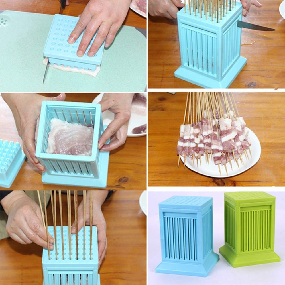 49-Hole Meat Skewer Kebab Maker Box - Quick BBQ Skewer Tool for Chicken, Beef & Vegetables - Durable Kitchen Accessory for Grilling, Camping & Outdoor Cooking (Blue)