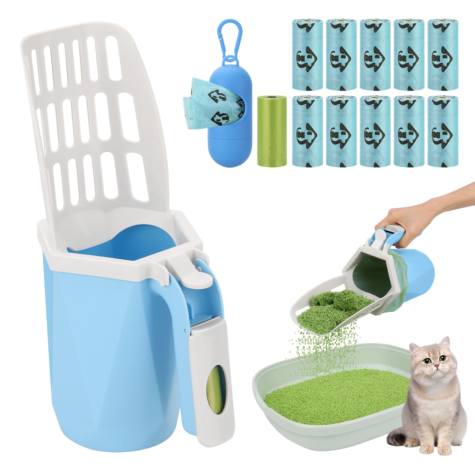 Upgraded Cat Litter Scooper with Holder - Includes Waste Can & 150 Count Litter Bags - Durable Portable Litter Shovel for Easy Cleanup - Perfect for Home, Travel & Multi-Cat Households