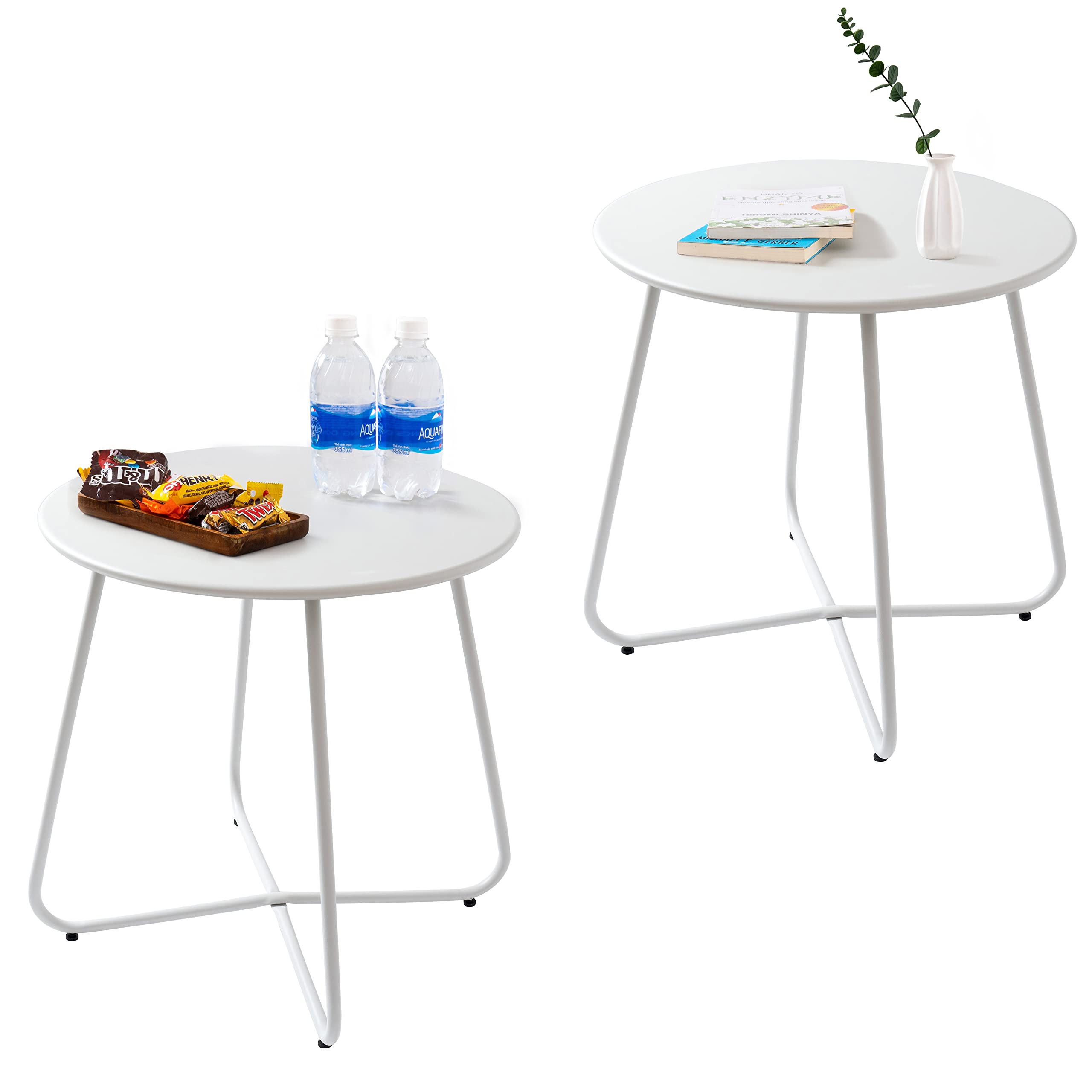 CODIN Set of 2 Weather-Resistant Metal Outdoor Side Tables - Small Round End Tables for Patio, Garden, Porch, Balcony & Lawn - Perfect for Outdoor Relaxation, Entertaining & Decor (White, 2-Pack)