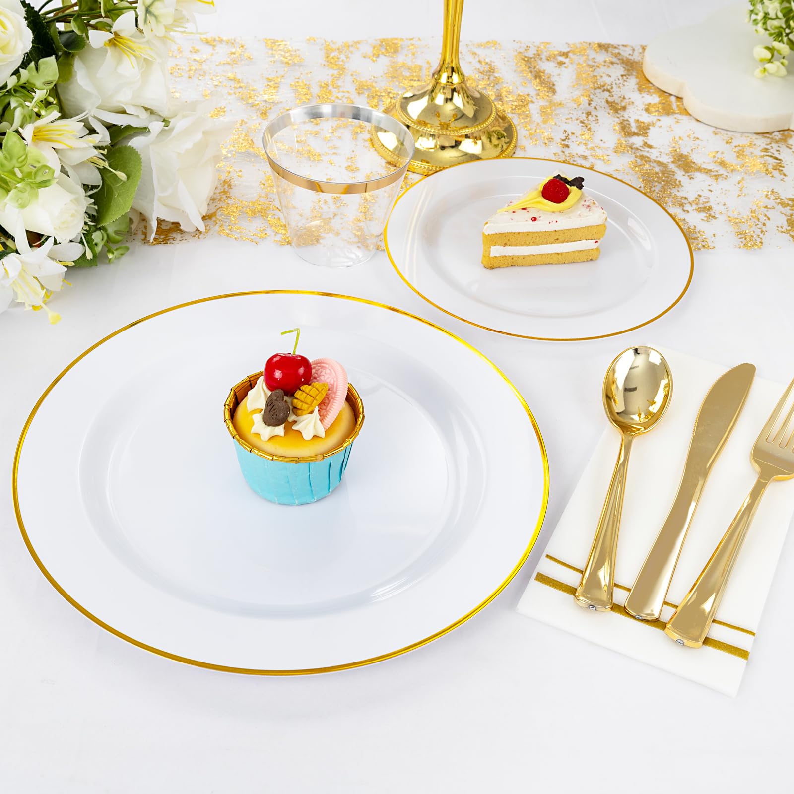 350-Piece Disposable Dinnerware Set for 50 Guests - Elegant White & Gold Plastic Plates, Cups, Napkins & Silverware | Perfect for Weddings, Parties, BBQs & Catering Events