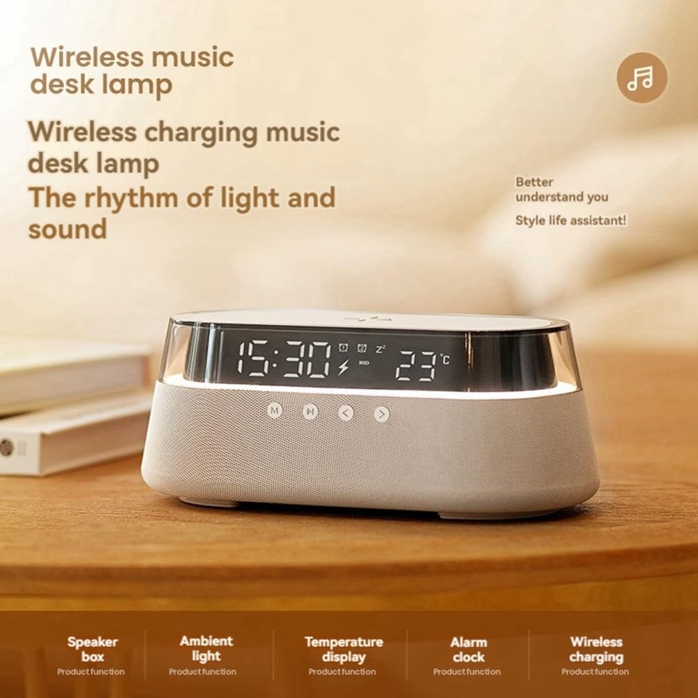 Colorful Wireless Bluetooth Speaker with Wireless Charging, Digital Display Clock & Night Light - Multi-Functional Music Desk Lamp for Home, Office & Bedroom Use